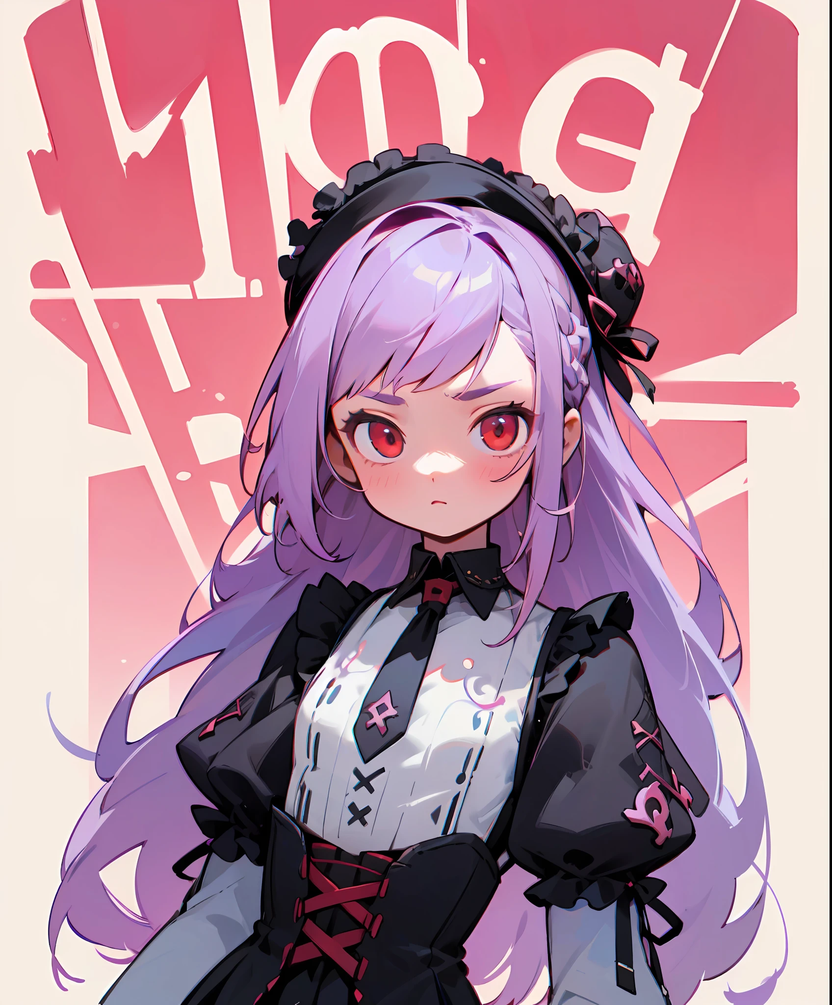 masterpiece, illustration, best quality, menacingjojo, cg, wallpaper, ++, 1girl, solo, light purple hair, long hair, french braid, single sidelock, red eyes, multicolored eyes, small breasts, flat chest, loli, victorian dress, embellished dress, black dress, corset, neckwear, off-shoulder dress, frills, doll, doll joints, ++, dynamic pose, leaning back, from below, looking down, looking at viewer, arms behind back, text, upper body, portrait, cold, neutral