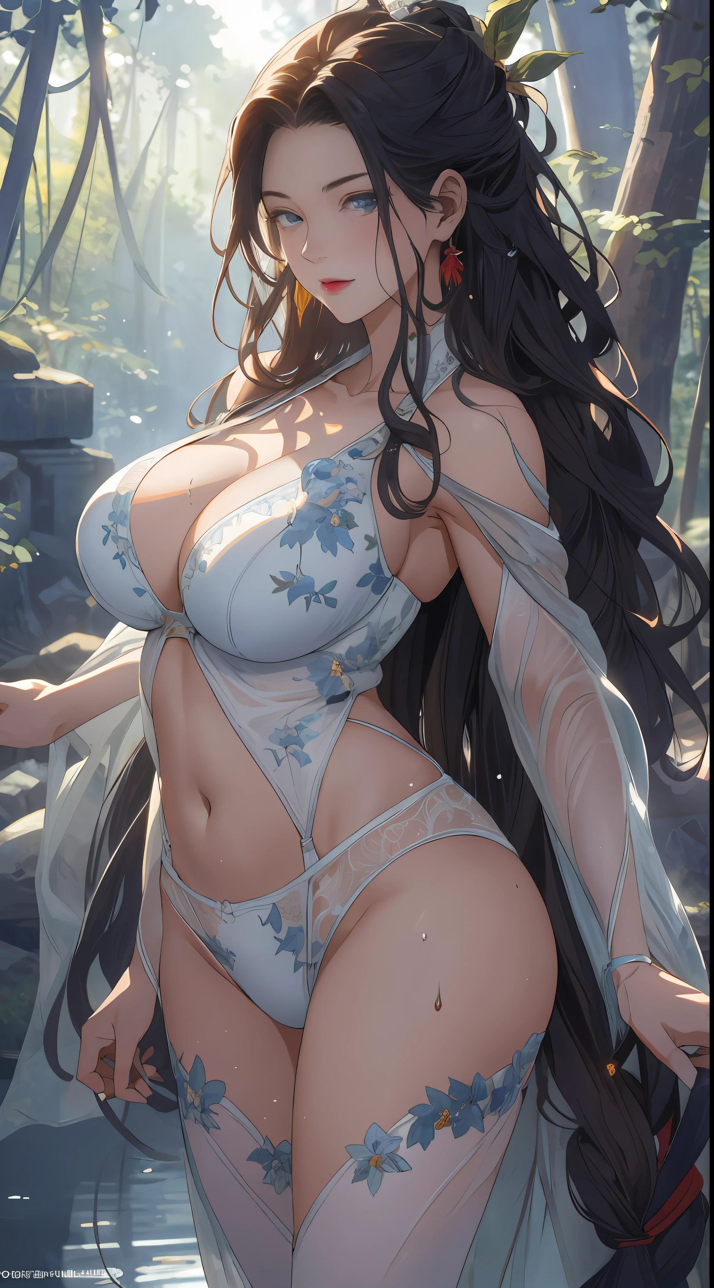 (RAW photo, Best quality),  extremely detailed CG unity 8k壁纸，ink，astounding，电影灯光，lens_flare，beautiful lady, Alphonse Mucha's style, light reflections, Oil painting, voluminetric lighting,sexy big breasts exposed，1female，熟妇，mature，36 years old，Huge breasts， 独奏，Wolverine，wearing a white bikini， coniferous forest，  She has long flowing hair， Bare genitalia， standing on your feet，Bigchest，Wet straight hair，Sweat profusely，drenched all over the body，frontage， hair straight， mostly cloudy sky，（（（tmasterpiece），（Very detailed CG unity 8K wallpaper），best qualtiy，cinmatic lighting，detailed back ground，beatiful detailed eyes，Bright pupils，blue color eyes，Red lips，（Very fine and beautiful），（Beautiful and detailed eye description），ultra - detailed，tmasterpiece，）），facing at camera，A high resolution，ultra - detailed），beautifullegs，Very long hair，legs are open，Painful expression，Open-mouthed，Flushed complexion，Chest sagging，nakeness， Bulging ，Expose the genitals，revealing breasts，Camel toes，with no underpants，extremely large bosom，Extremely colorful，Most detailed，fully body photo，The face is well lit