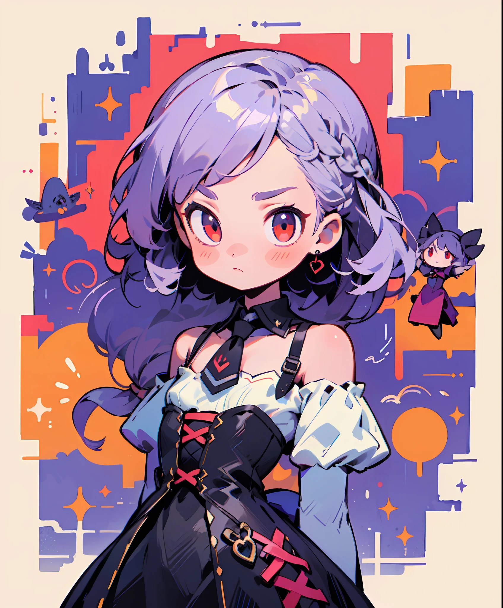 masterpiece, illustration, best quality, menacingjojo, cg, wallpaper, ++, 1girl, solo, light purple hair, long hair, french braid, single sidelock, red eyes, multicolored eyes, small breasts, flat chest, loli, victorian dress, embellished dress, black dress, corset, neckwear, off-shoulder dress, frills, doll, doll joints, ++, dynamic pose, leaning back, from below, looking down, looking at viewer, arms behind back, text, upper body, portrait, cold, neutral