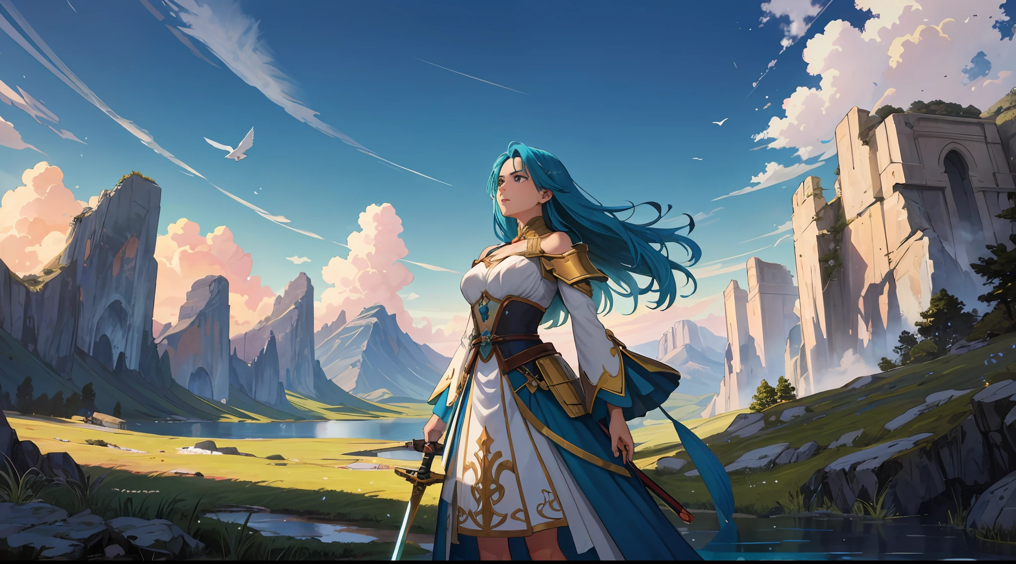 fotografia de paisagem expansiva, (a view from below that shows the sky above and the open field below), A warrior woman standing in a lake looking up holding her sword to the heavens in search of a blessing, nuvens, birds, montanha distante, brazi, Production art, (fonte de luz quente: 1.2), animais selvagens, folhas ao vento, muito verde e azul, detalhes complexos, volumeric lighting, Realismo, obra-prima, melhor qualidade, 4k, ultra-detalhado, dynamic compositing, altamente detalhado, detalhes coloridos, (cores iridescentes: 1.2), (bright illumination, Atmospheric Illumination), sonhador, Magia, sozinha