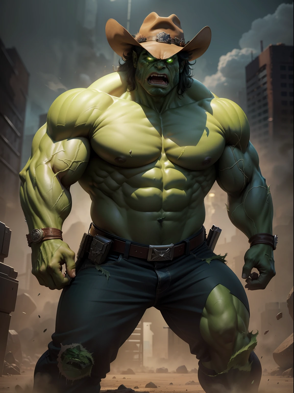 A Dramatic angry hulk with green skin as a cowboy wearing Cowboys clothes prepare to attack, Cowboys hat and bring a pistol, cinematic, extreem realistic, extreem detailed, extreem Sharp, full body shot