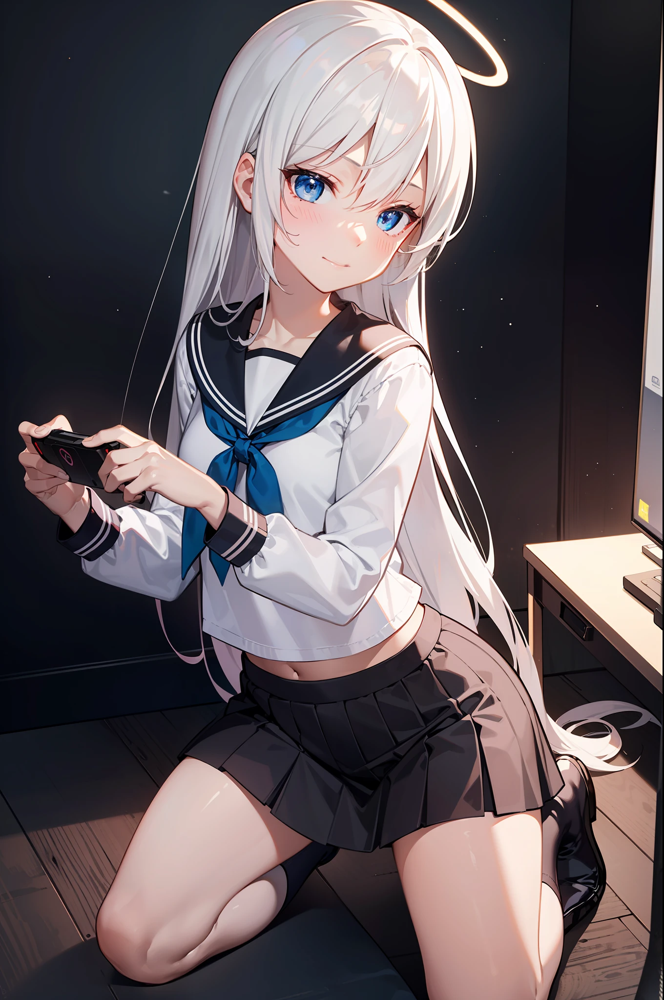 巨作, Best quality, 巨作,Best quality,offcial art,Extremely detailed Cg Unity 8K wallpaper, eventide, strong rimlight, intense shading, gaming console_CG, Girl, hair between eye, Blue eyes, Small breasts, tsurime, Long hair, White hair, Putting up with_face, Kneeling, Naughty_face, serafuku,full bodyesbian,,metal halo,a glowing halo,
