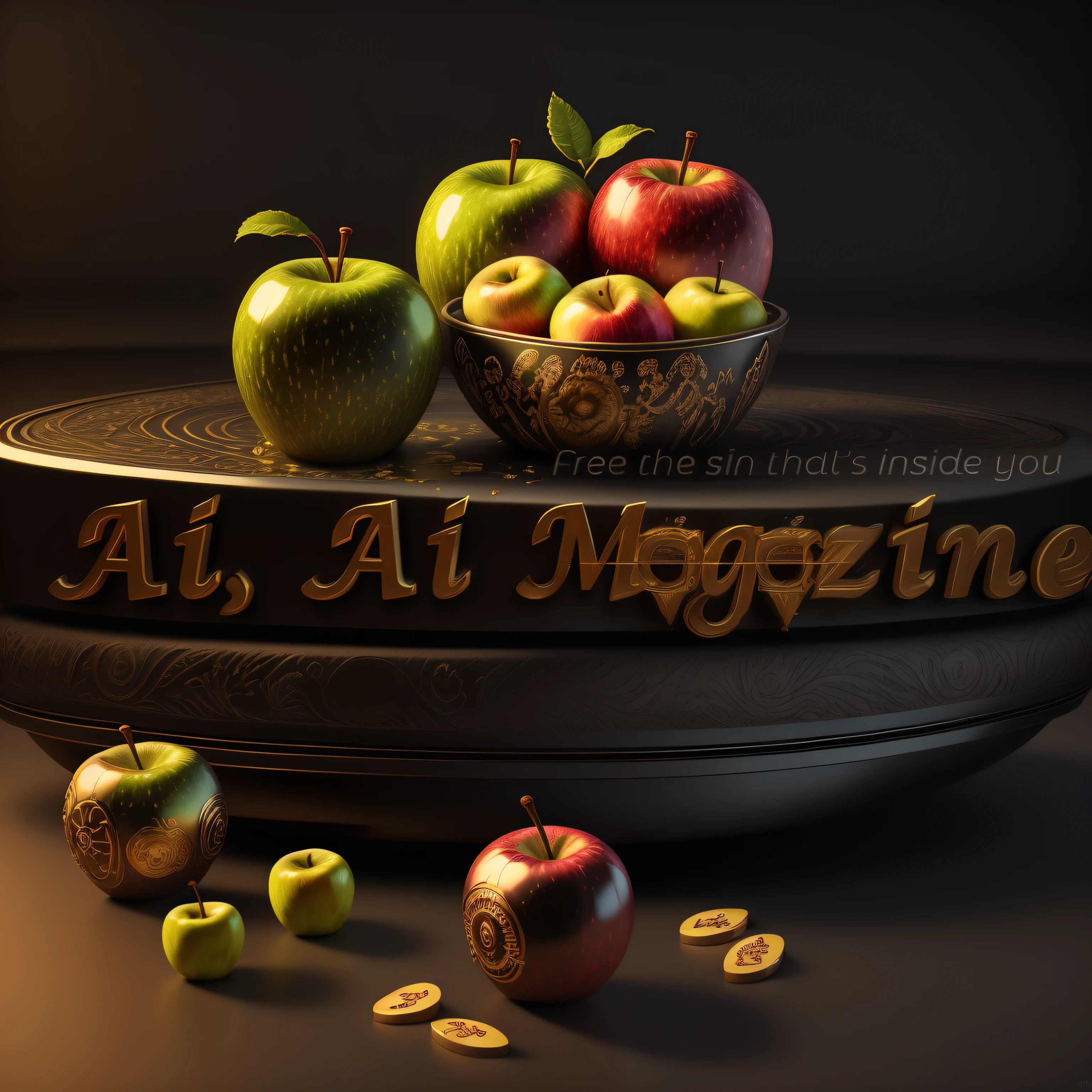 A BEAUTIFUL LOGO where the letters for the Magazine are two apples, 3D-rendering, 4k, hiper realista, maia, NVIDIA RTX 4090 |, ray tracing, Bokeh, altamente detalhado, obra-prima,
