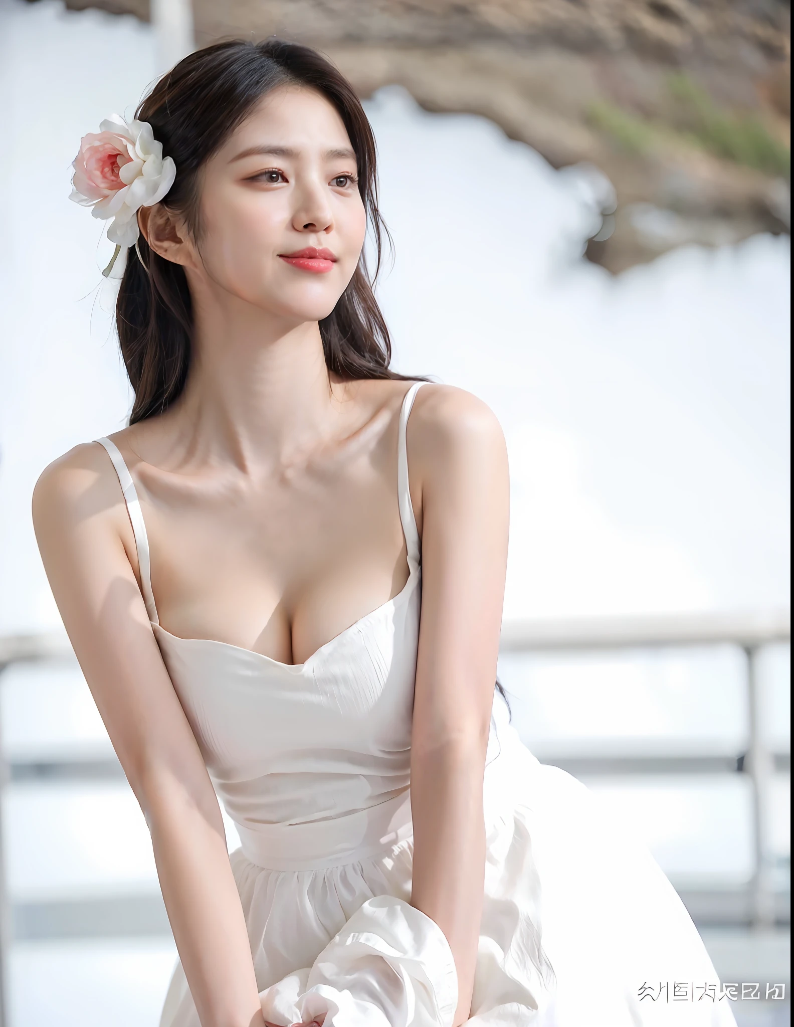 ( (8K:1.27), Best quality at best, tmasterpiece, 超高分辨率:1.2) photore，Beautiful Chinese woman (big breasts beautiful:1.1) (The clothes ar:1.21) ，ellegance、fanciful、the detail、geomerty、Gradient lighting，1girll， Delicate skin， looking at viewert， Brown eyes，ssmile ，（fashion hair：1.2）， （Large breasts：1.0）， （medium areolae：0.8）， （realisticlying：1.4）， （Best picture quality：1.0）， （超高分辨率：1.0）， 8K， RAW photos， （tmasterpiece：0.2）， （PureErosFace_V1：0.5）