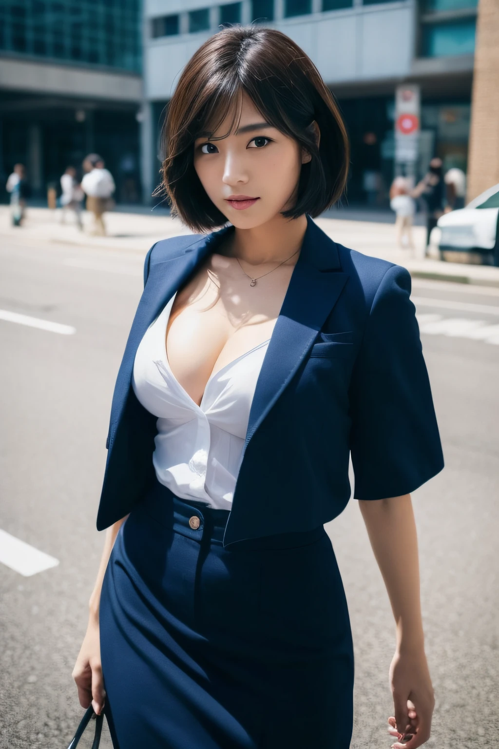 1girl in,Very beautiful 33 year old Japan woman、so short hair、eyesight、cleavage of the breast、the wind、starrysky、Body like a model、Colossal tits、The shirt、open one's legs、high-level image quality、Top image quality、Looking at the camera、Focus on the eyes、bladerunner、Urban crossroads、policewoman、during daytime、lightly dressed、frontage。Perfect Style