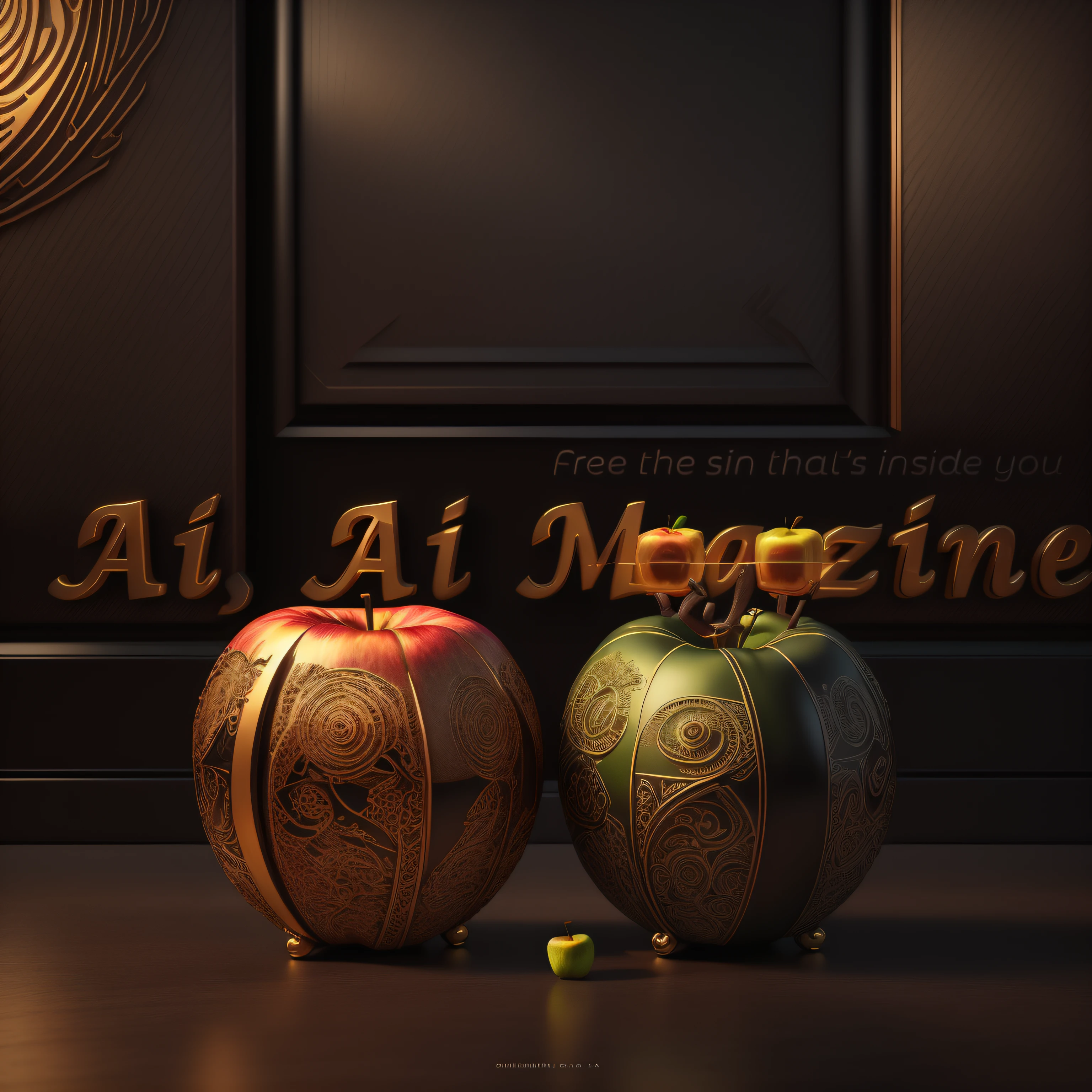 A BEAUTIFUL LOGO where the letters for the Magazine are two apples, 3D-rendering, 4k, hiper realista, maia, NVIDIA RTX 4090 |, ray tracing, Bokeh, altamente detalhado, obra-prima,