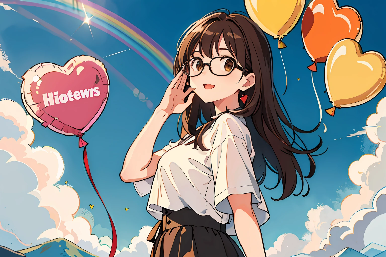 (Best quality, Masterpiece),Sunny,Broad lens,(Brown hair long),Lively and cute girl wearing glasses,Long straight black hair,Look at the rainbow in the distant sky,A look of hope,Anticipation,Skysky,rainbowing,Balloons filled with hearts,Joy and happiness