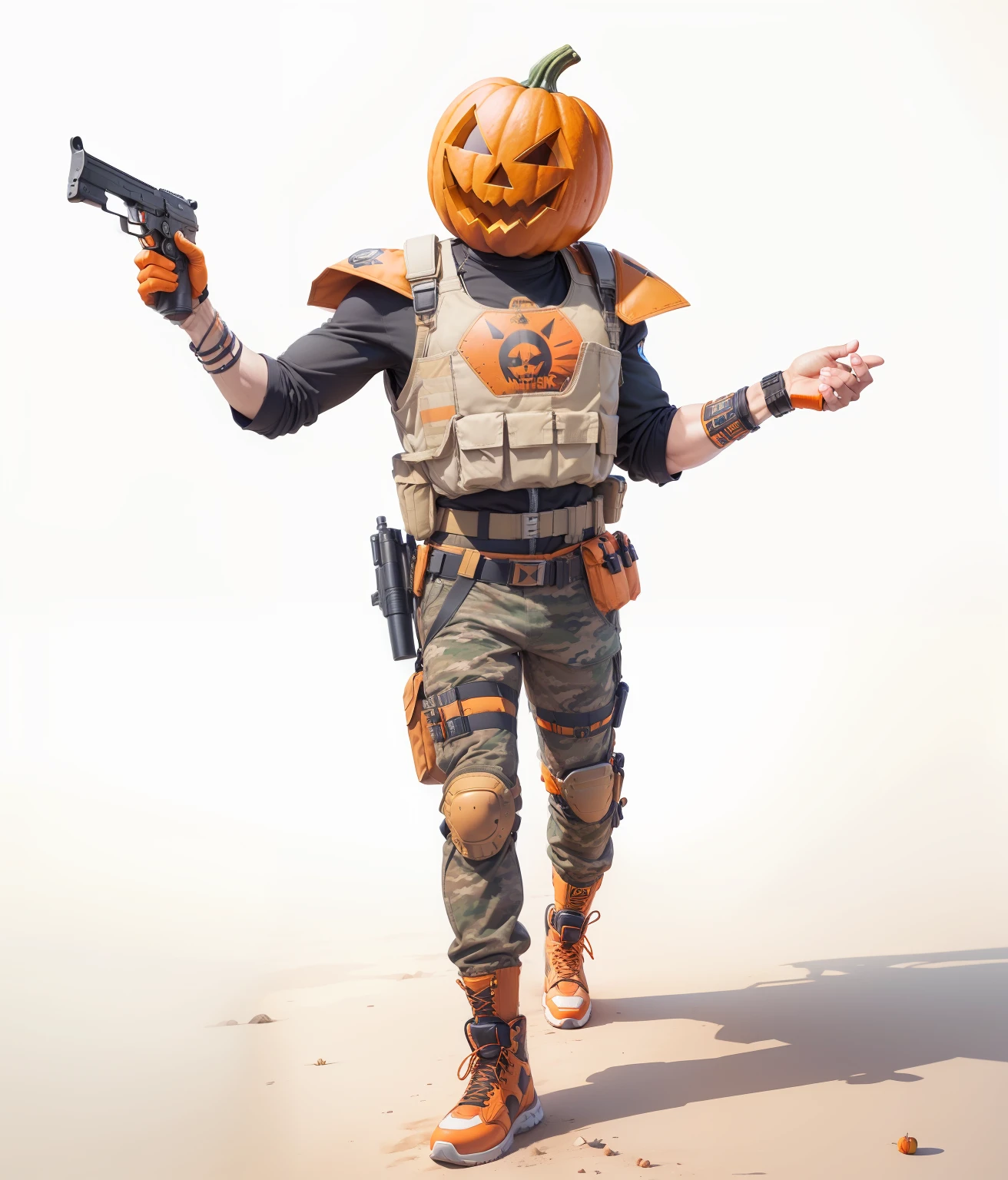 Staying true to the reference image, make this character realistic. Pumpkin head(sharp kut eyes grinning smile, symmetrical) , orange shoulder pads, bulletproof vest(pumpkin head logo on chest) , utility belt, camo pants, orange air jordans as footwear, desert eagle in hand.