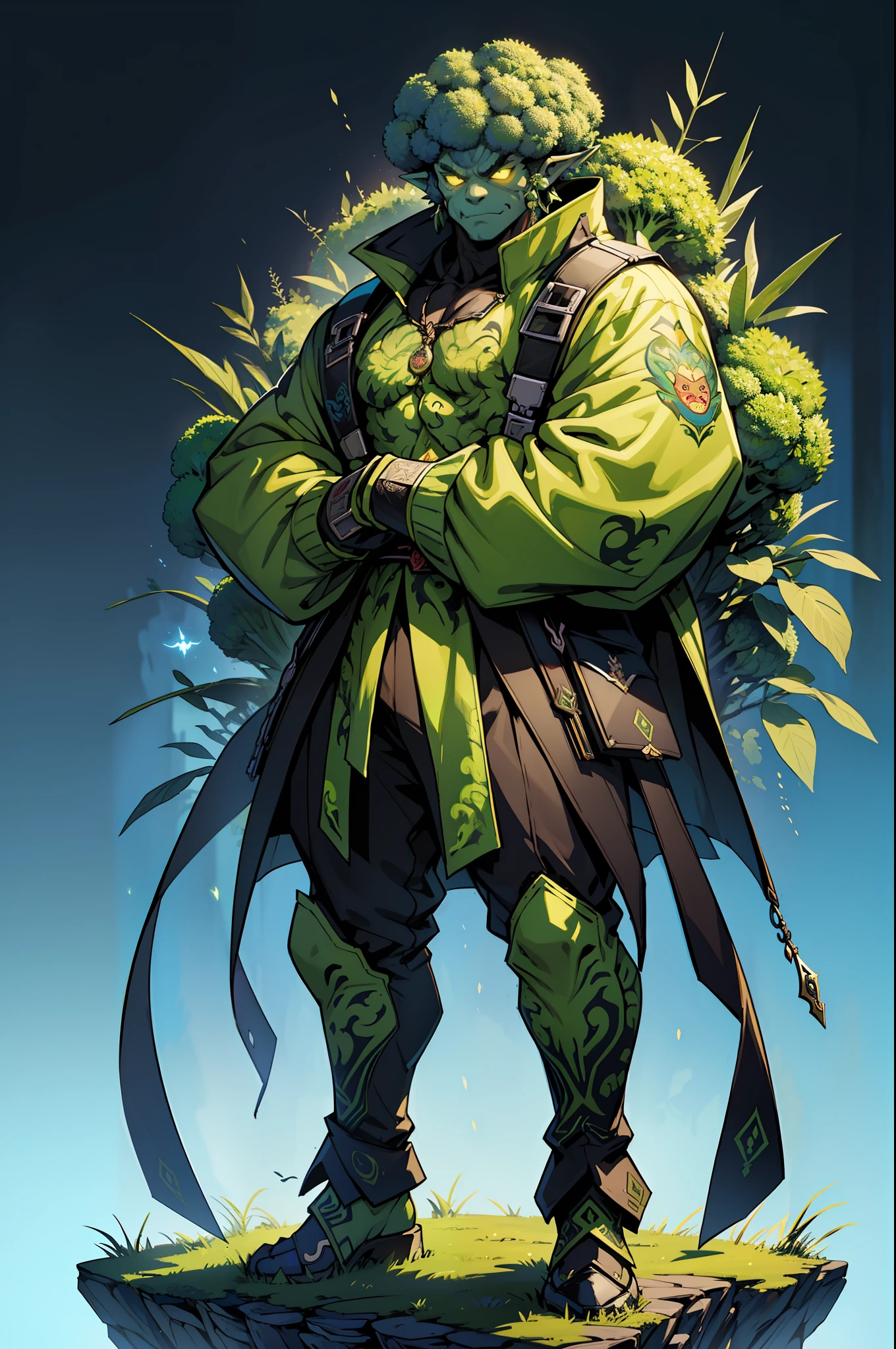 ((top-quality))、((tmasterpiece))、((one male,Full body standing painting))、((very simple background)),(Game character design),Broccoli anthropomorphic monster,(Broccoli blends with the body),luminous body,Male orcs,Ornaments with broccoli motifs,cyber punk perssonage,独奏,Fighting posture,Unbridled imagination,hoang lap,eerie