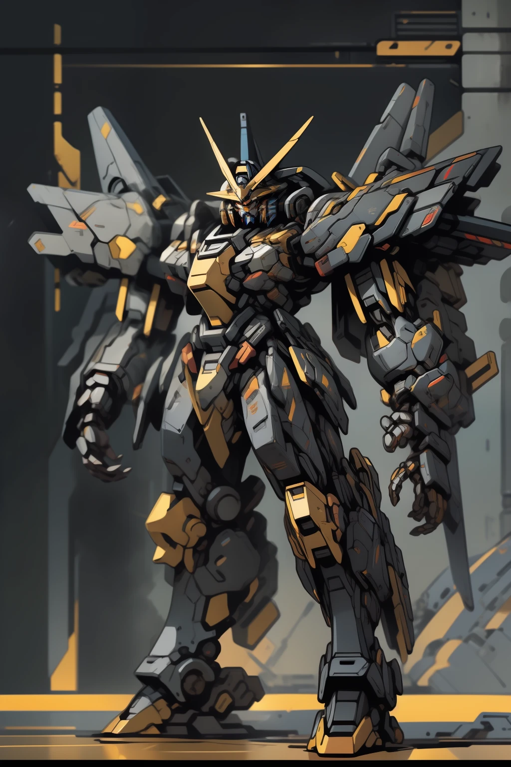 (masterpiece), (best quality), robot, gundam, golden and black, mecha, mechanical armor, cinematic