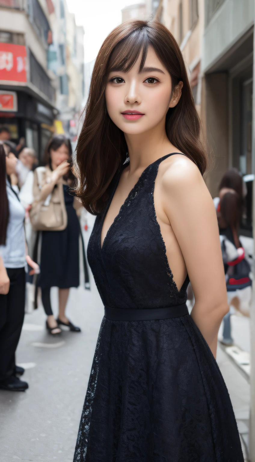 （（best qualtiy，8K，tmasterpiece：1.3））， 1girll， ssmile， full bodyesbian， Slim Faces， Beautiful woman， （dark brown  hair）， full length dress ：1.1， Super detailed face， Detailed eyes， 二重まぶた， blur backgroun， Slim Faces， 城市， do lado de fora， the street，lacepantyhose