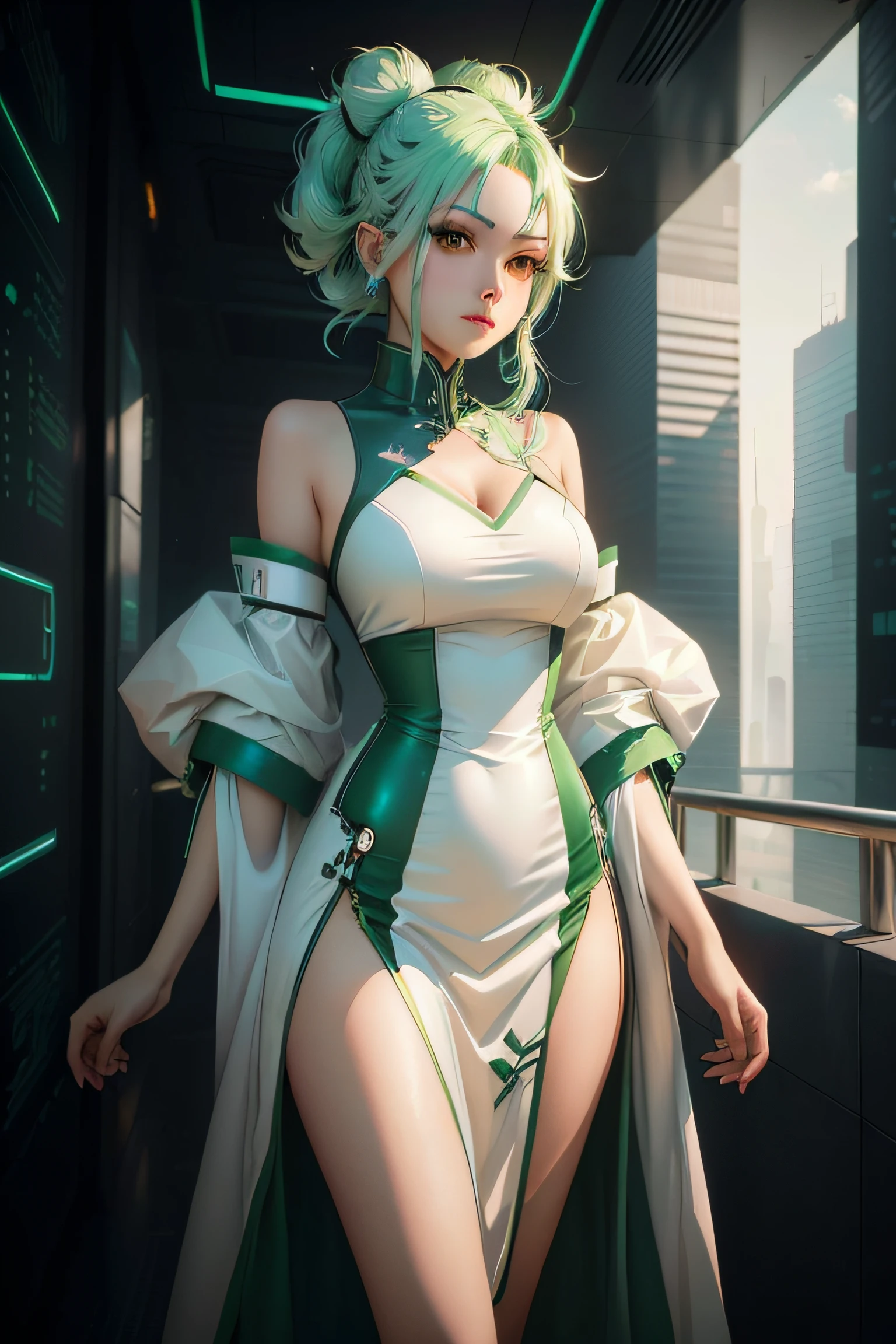Arad woman in white and green poses for a photo, Ross Tran 8 K, Ross Tran style, Digital cyberpunk anime art, digitl cyberpunk - anime art, Loish et WLOP, cyberpunk anime girl, wlop and krenz cushart, anime cyberpunk art, perfect android girl, trending on cgstation, stunning cgsociety