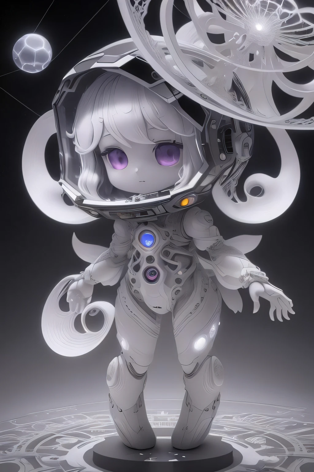 visual spectral radio wave signals emission fused with organic form structure, subsonic spectrum, gray clay cluster, Fibonacci fractal, geometric design, very fine and thin lace, Orenburg shawl, marble purgatory, wuthering atmosphere, aesthetic redshift render, chibi astronaut