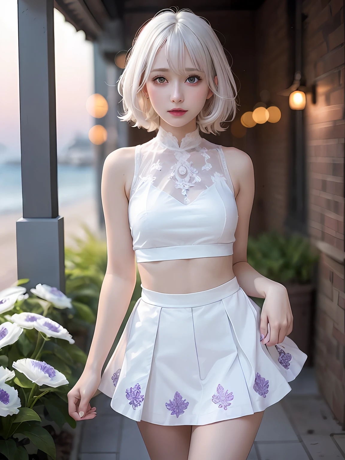 Realistic, 1girl, white hair, purple eyes, glowing eyes, cropped top, skirt, parted lips, blush, night, flowers, sun, sunlight, white skirt, short skirt, medium length hair, real, warm colors, white short Dress, white clothes, light background color, day environment, bright color background, saudi, ocean, cute,