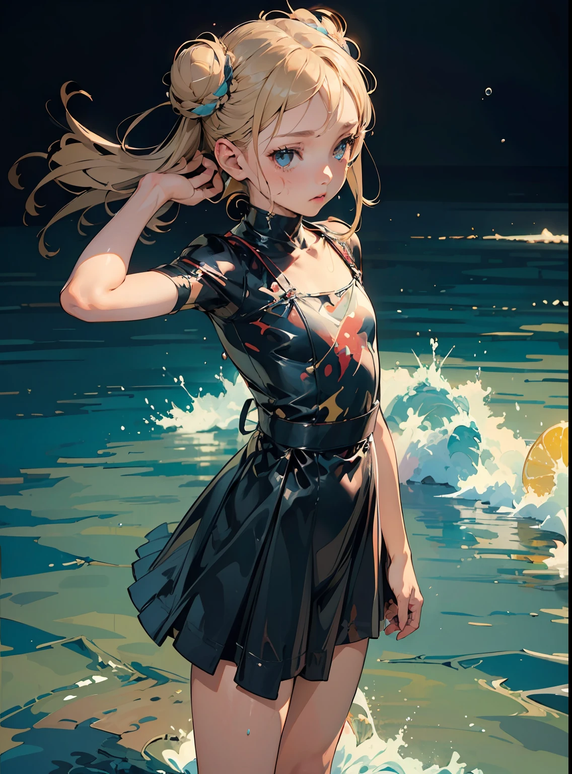 (Masterpiece, Top quality, Best quality, Beautiful and aesthetic:1.2), 80,80shair。，(1girll:1.3),( Flat color:1.3), high resolution, Extremely detailed, Original, Colorful, colored splashing, water, spatter, Atmospheric perspective, crossed bangs, double bun hair, pointy hair,