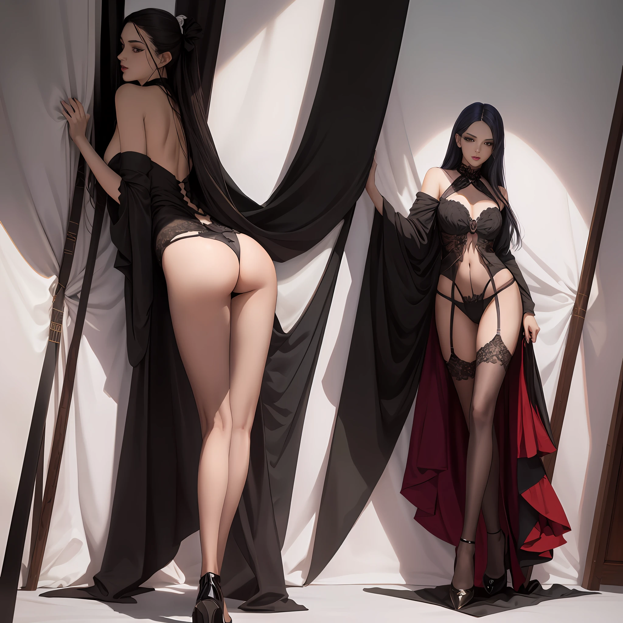 Illustration art，Whole body movement，Sexy and scary banshee in sexy clothes，Scary woman，Very cool facial expression，solid color backdrop，Great erotic art，painting art，Sexy art，sideface，facing away from the audience，Detailed body part details，long leges，Inspired by J.c.Ryan Decker，Epic European and American illustrations，Tall，The whole body is evenly sexy