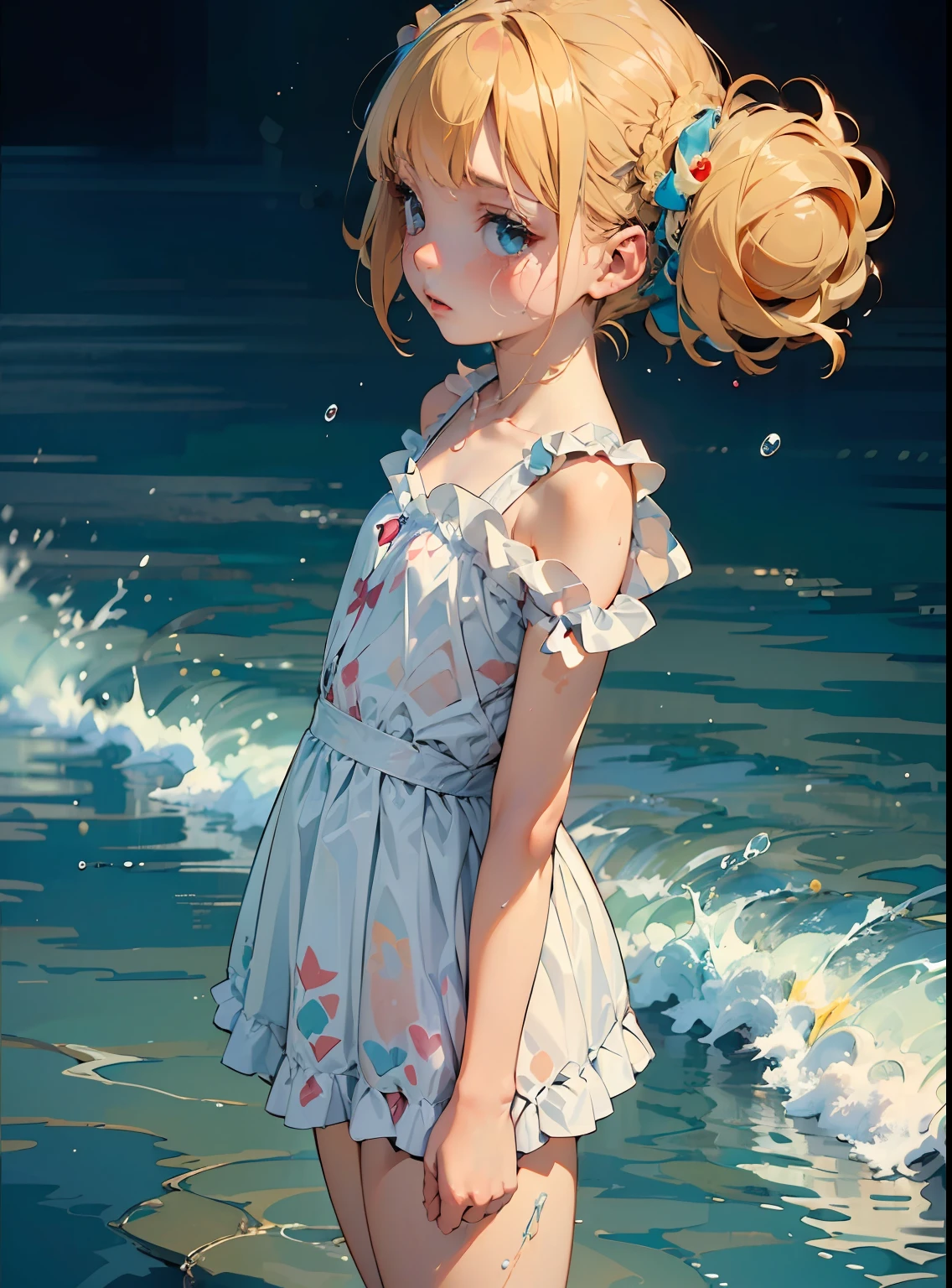 (Masterpiece, Top quality, Best quality, Beautiful and aesthetic:1.2), 80,80shair。，(1girll:1.3),( Flat color:1.3), high resolution, Extremely detailed, Original, Colorful, colored splashing, water, spatter, Atmospheric perspective, crossed bangs, double bun hair, pointy hair,