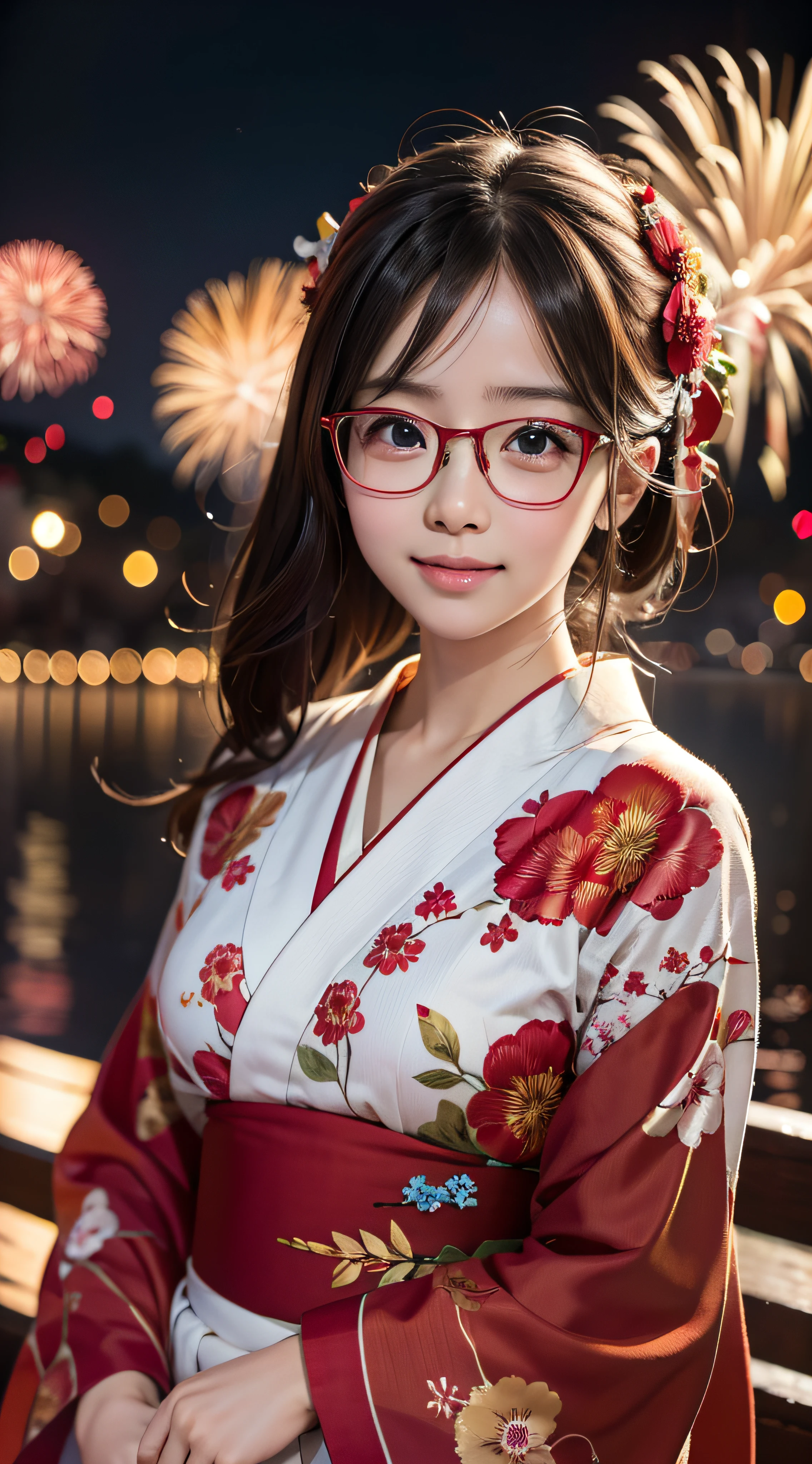 8K, RAW Photos, of the highest quality, 超A high resolution, 1 girl, In person, super definition, High resolution, Solo, beautiful a girl, Shining eyes, Eyes with glasses, Beautiful japanese girl, Red flower yukata, firework background, High quality