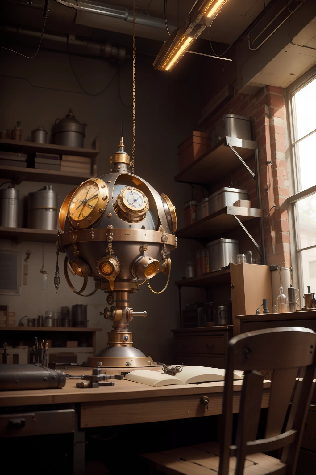 Bronzeplug Steampunk Laboratory of Magical Robotics: There's an unawakened steampunk robot in the corner of the lab, ela parece abandonada. The lab is full of aetherpunk contraptions, Technologies and robots, Technological tools, tecnomágicas, vegetation, e ferramentas espalhadas pelas mesas e penduradas no teto. Some of the machines are in the process of assembly or repair. One area of the lab is cordoned off, showing a section preserved as Oswaldo's original workspace, um cientista steampunk criativo e louco.