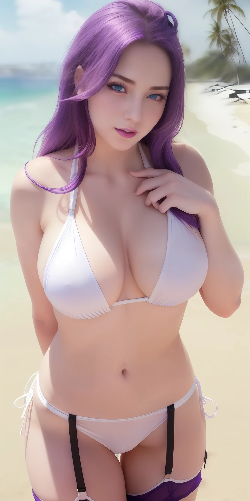 American woman, ((rear pose:1.3)), (spoiled:1),(beady big shining blue eyes:1.3), ( very see-through white bikini:1.5),(drooping eyes:1.4), (beautiful beach:1.9), (thin lips:1.5),(big breasts:1.5),round face,(innocent:1.5),(bright purple hair:1.6), (looking at viewer:1.1),(smiling:1.3),(happy:1.2),lovely,( black garter belt:1.5),(1girl),(open mouth:1.4),(delicate touch),(8k),(4k),(absurdres),perfect lighting,charming,realistic, alluring, clean, beautiful face, pure face,pale skin,wet, sweat,