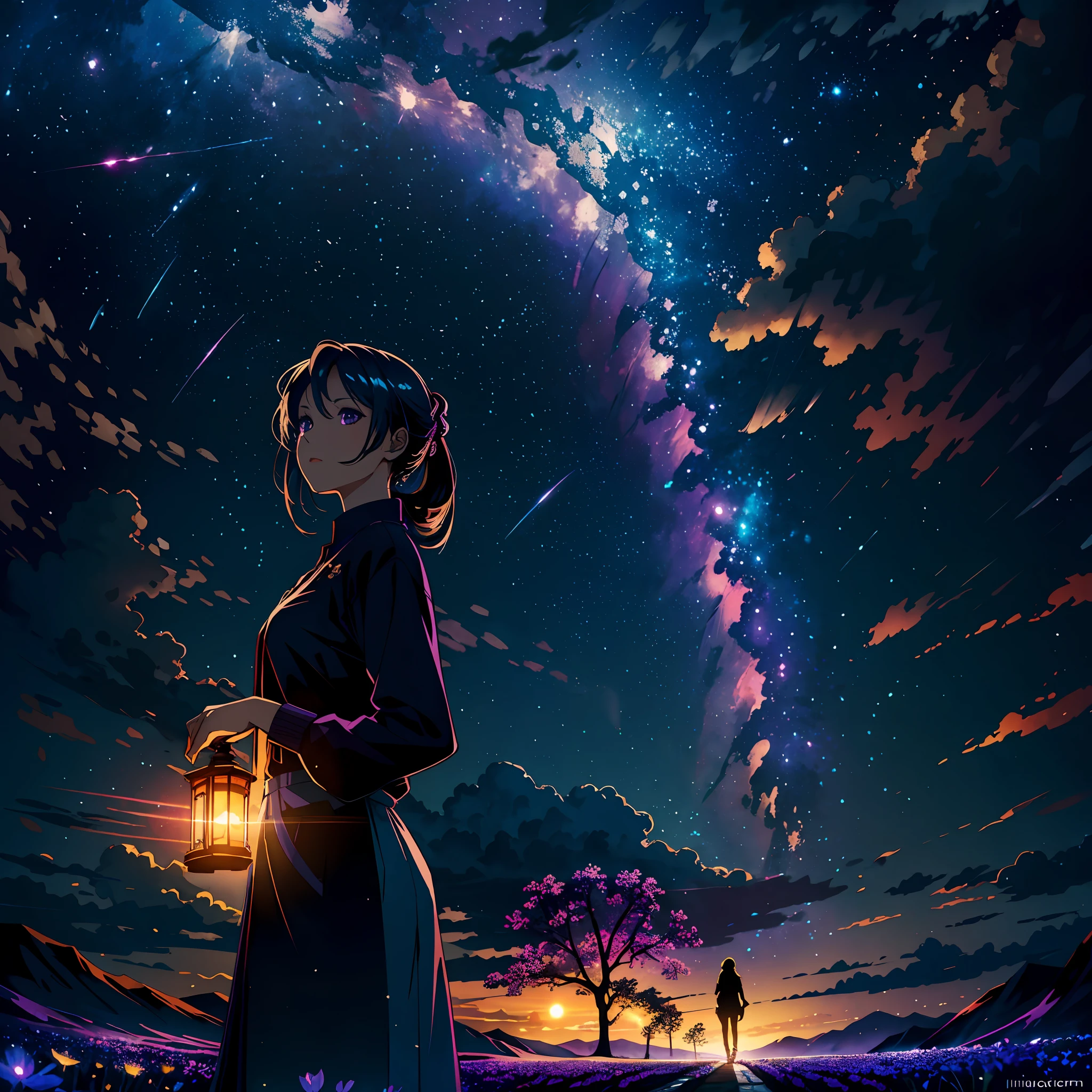 expansive landscape photograph , (a view from below that shows sky above and open field below), a girl standing on flower field looking up, (full moon:1.2), ( shooting stars:0.9), (nebula:1.3), distant mountain, tree BREAK
production art, (warm light source:1.2), (Firefly:1.2), lamp, lot of purple and orange, intricate details, volumetric lighting BREAK
(masterpiece:1.2), (best quality), 4k, ultra-detailed, (dynamic composition:1.4), highly detailed, colorful details,( iridescent colors:1.2), (glowing lighting, atmospheric lighting), dreamy, magical, (solo:1.2)