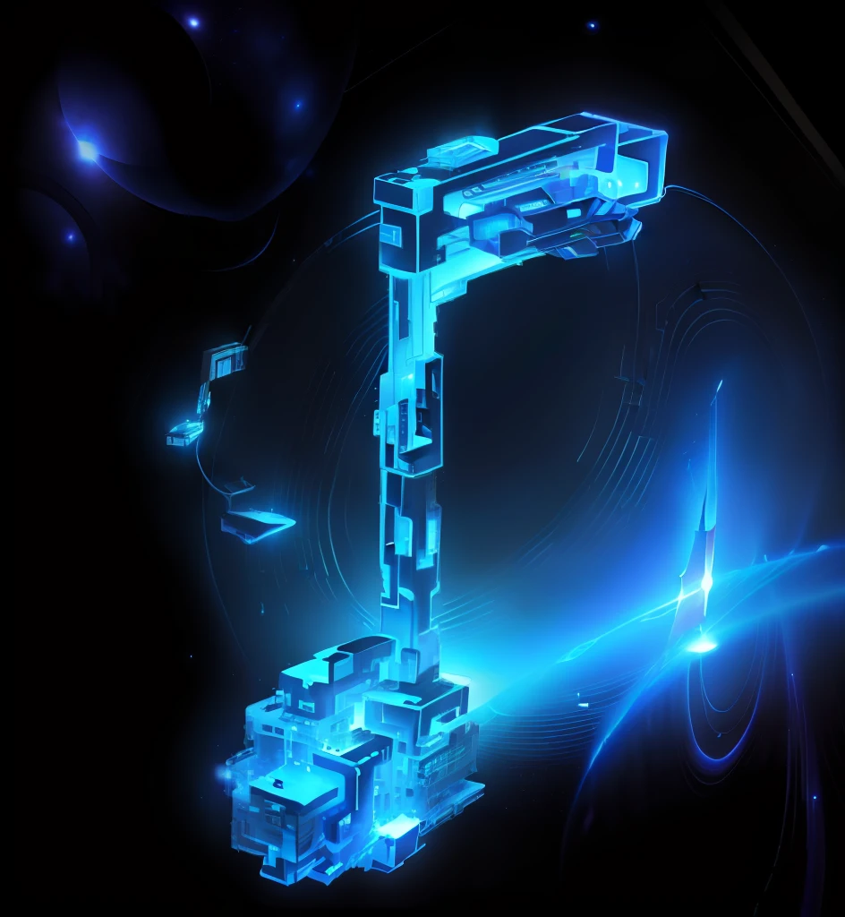 This is an alien spaceship,Its whole is made up of many squares,Its shape is somewhat similar to a treble clef。Its entire color takes on a metallic texture and reflective effect。