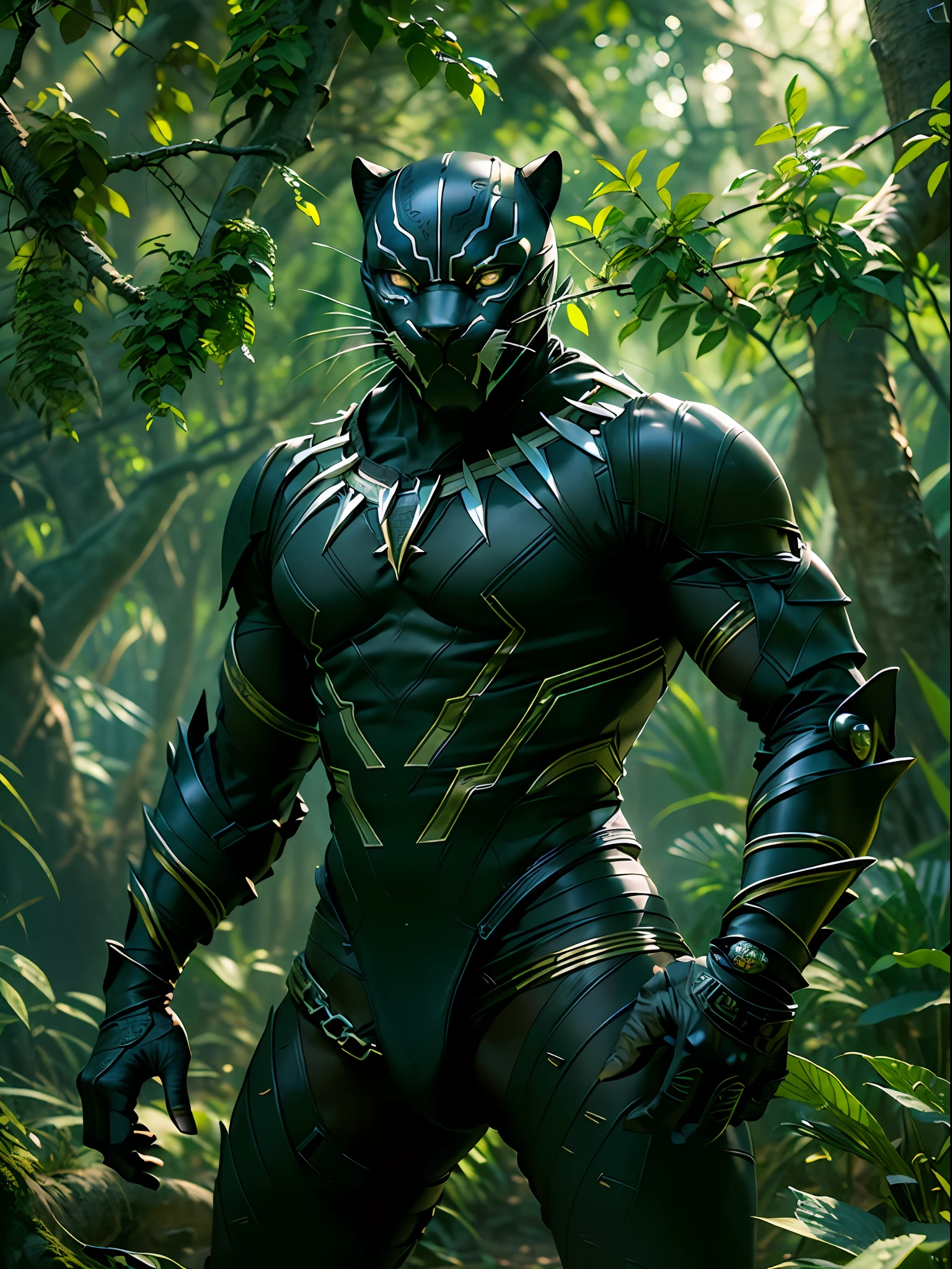 (high resolution, CGI, masterpiece:1.3), (detailed CGI image of a humanoid, furry black panther with warrior leather armor:1.2), (Sony Alpha 7R IV camera, ideal for capturing intricate details:1.2), (paired with a Sony FE 24-70mm f/2.8 GM lens:1.2), (the panther's sleek and muscular form in focus:1.1), (fine fur texture rendering with realism:1.1), (the warrior armor crafted from supple leather:1.1), (intricate etchings and engravings on the armor:1.1), (the panther standing confidently amidst the lush forest:1.1), (tall trees with dense foliage surrounding the scene:1.1), (sunlight filtering through the leaves creating patterns on the ground:1.1), (the panther's eyes radiating an intense glow:1.1), (a captivating fusion of feline grace and warrior strength:1.1), (a mystical atmosphere enveloping the scene:1.1), (the panther's sharp claws and attentive stance:1.1), (an awe-inspiring image capturing the mysterious and powerful presence of the humanoid black panther warrior in the enchanted forest:1.1), Cinematic, Hyper-detailed, insane details, Beautifully color graded, Unreal Engine, DOF, Super-Resolution, Megapixel, Cinematic Lightning, Anti-Aliasing, FKAA, TXAA, RTX, SSAO, Post Processing, Post Production, Tone Mapping, CGI, VFX, SFX, Insanely detailed and intricate, Hyper maximalist, Hyper realistic, Volumetric, Photorealistic, ultra photoreal, ultra-detailed, intricate details, 8K, Super detailed, Full color, Volumetric lightning, HDR, Realistic, Unreal Engine, 16K, Sharp focus, Octane render