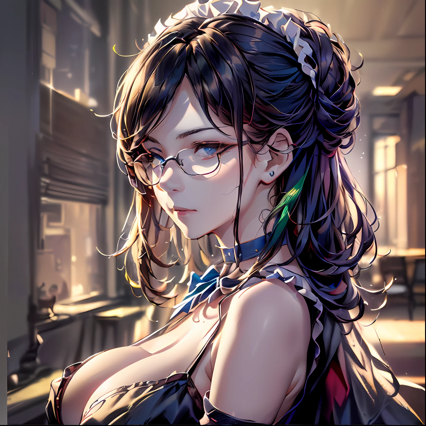 (64k, RAW photo, highres, best quality, masterpiece:2.0), (ultra-fine depiction of the detail:2.0), (realistic, beautiful, photo-realistic:1.3), 1girl, (yuri alpha), (long black hair, slightly messy), (single braid bun), (shiny black hair, blue-gray eyes),(cool glasses), (gothic style vivid blue choker), (blue bowtie and ribbon) (simple but high-quality maid dress), (elaborately designed, vivid dark emerald green, spiked gantlets), (solemn maid dress with gothic style coreset), (huge breasts, sexy cleavage), (elegant and handsome woman), (shiny skin, pink lips), (looking at the viewer), (closed mouth, a faint smile), (in a study room, filled with solemn atmosphere), (highly sophisticated professional HDR, with effective ambient occlusion, perfectly optimized effective spot light and front light:1.8), (perfect, natural, harmonious composition), (photo-realistic, ultra-detailed:1.5), ((portrait:1.6))
