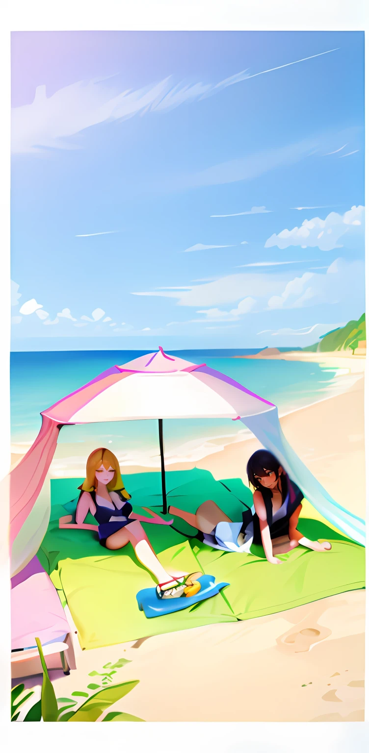 Two women lying under umbrellas on the beach,fruit platter， sunny day at beach, relaxing at the beach,