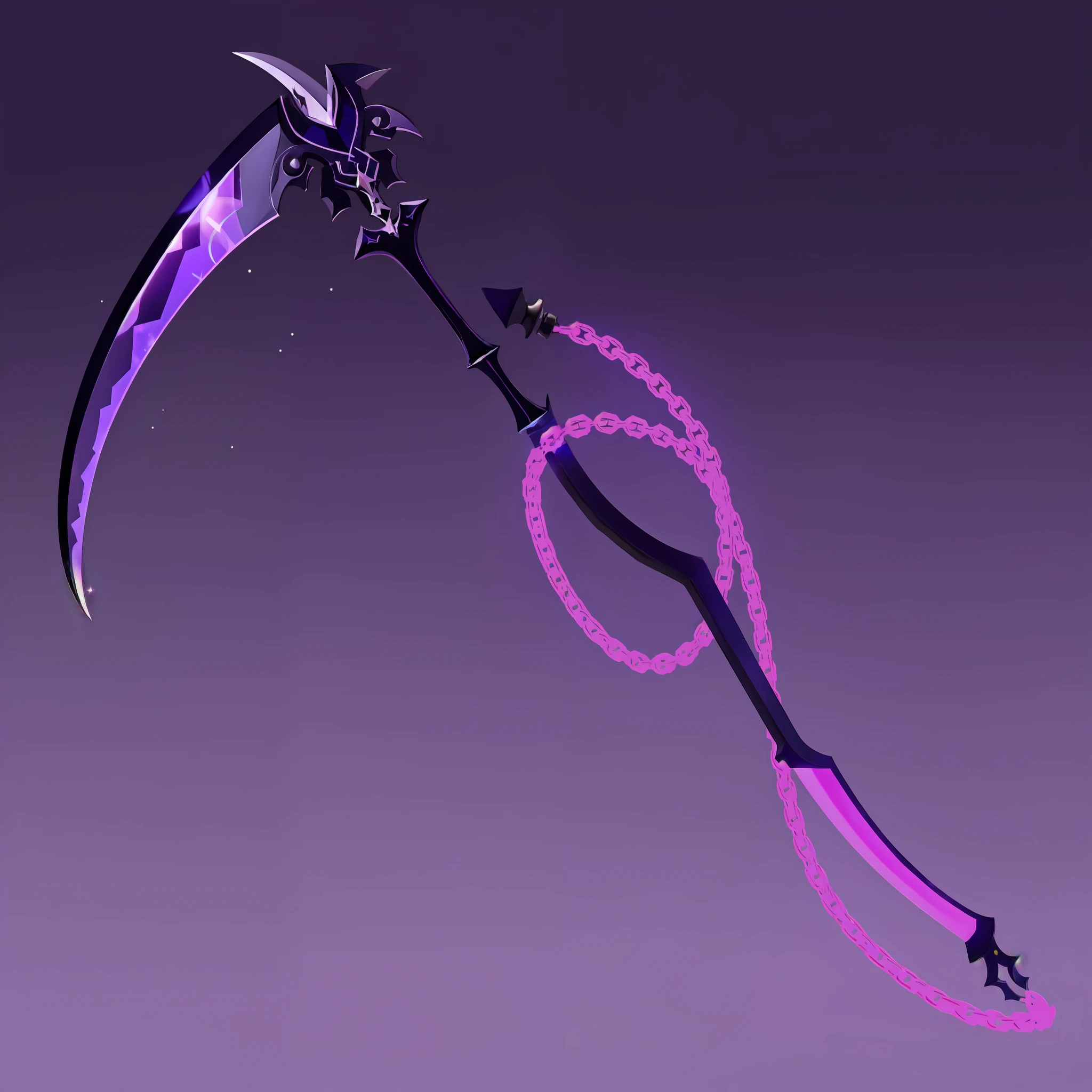 long scythe blade, purple blade, galaxy decorations, purple flames, fantasy scythe, masterpiece, cartoon style