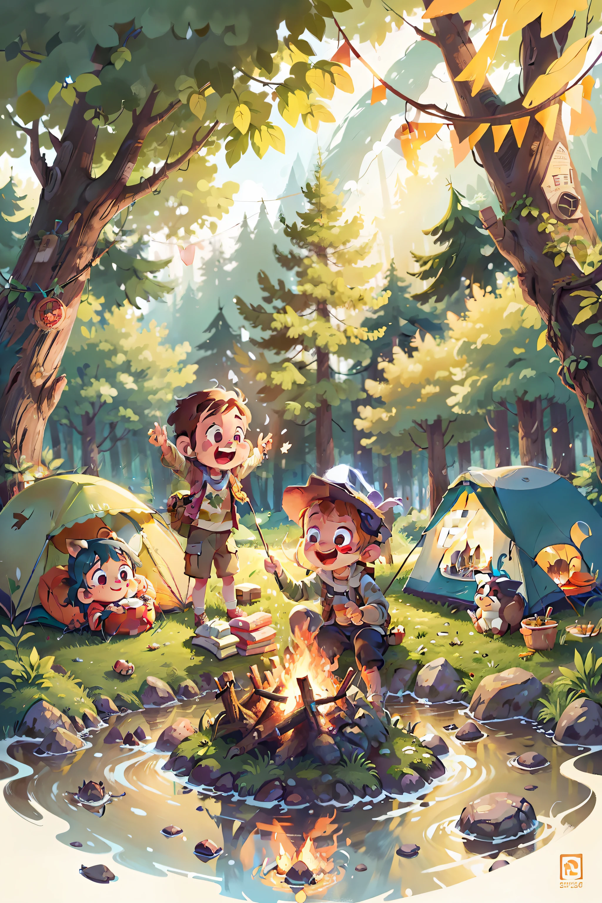 Poster design,camping,illustration,bonfires,small stream,having fun,blissful,cheerfulness --v 6