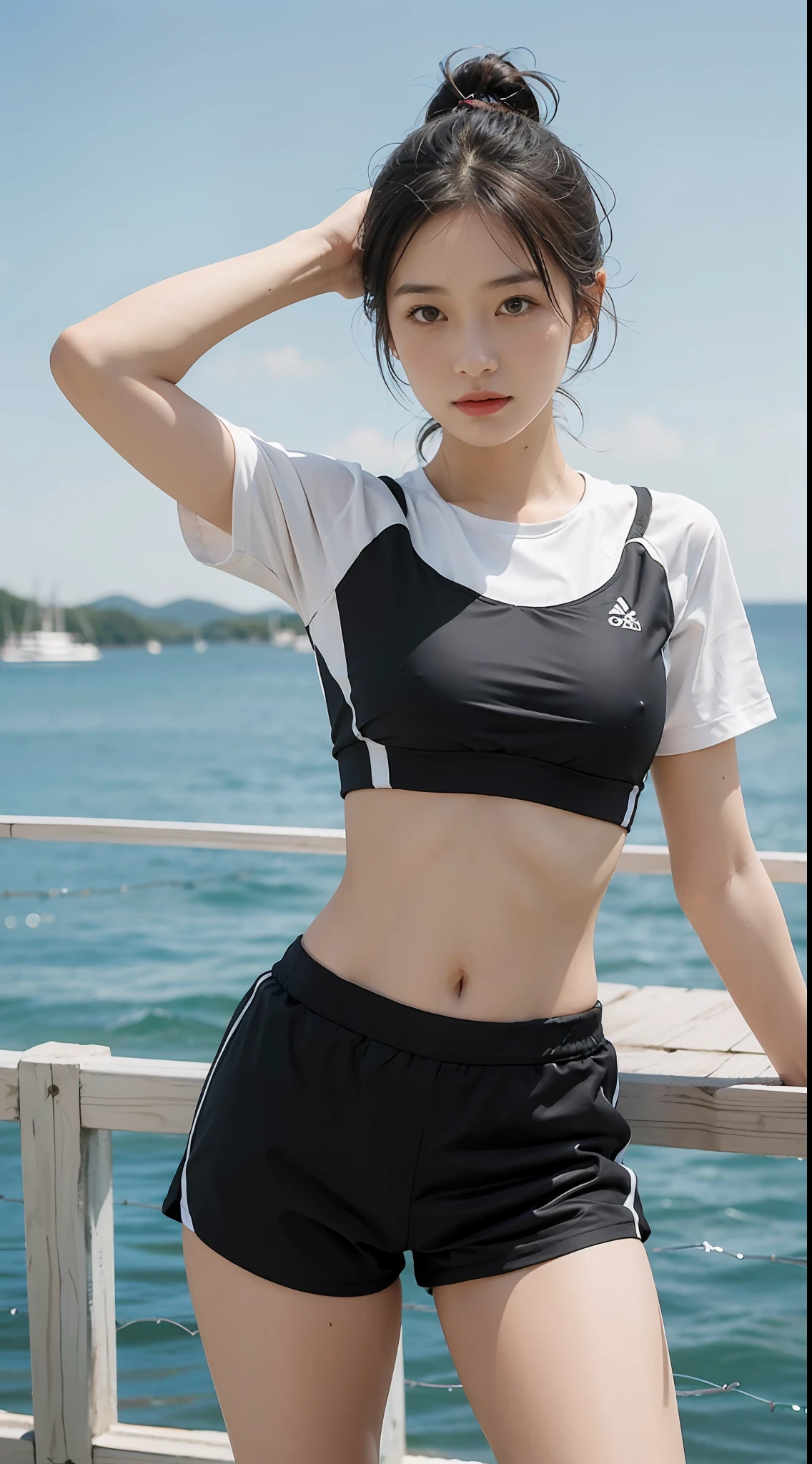 A woman wearing a short-sleeved shirt and shorts poses for a photo, wearing two - piece swimsuit, sport outfit, sport outfit, cute sportswear, swim wears, Summer, tennis wear, summertime, in a bathing suit, Short sleeves, Official product image, sport bra and shirt, with a thin waist, sport bra and shorts