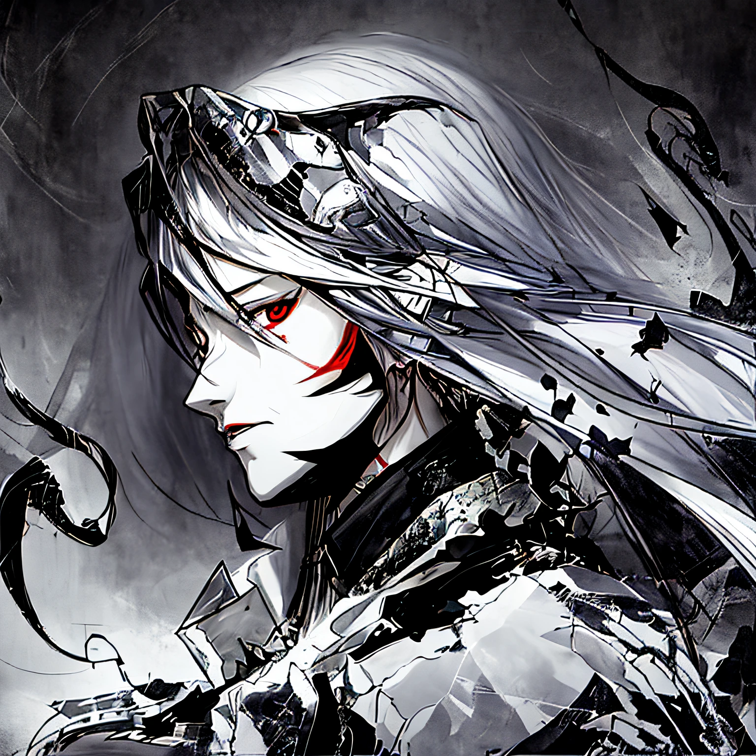 Anime girl with blood and long hair on her face, Alukad, elric of melnibone, zerochan art, handsome guy in demon killer art, onmyoji portrait, demon slayer artstyle, Portrait de Ninja Slayer, guilty gear art style, shigenori soejima illustration, Onmyoji detailed art, demon slayer rui fanart, monochrome artwork!!,4k画质