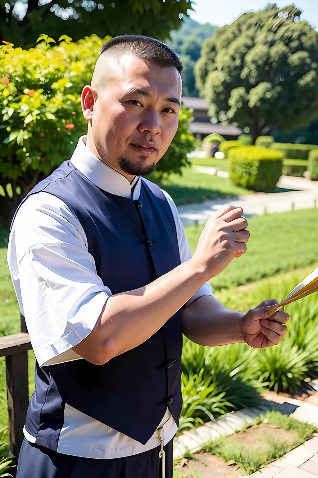 best qualtiy，超高分辨率，（fidelity：1.2），1man，disheed hair，scruffy，lbeard，Jianghu Langzhong，Grass in the woods，irate，to talk，（style of anime：2），Chinese countryside