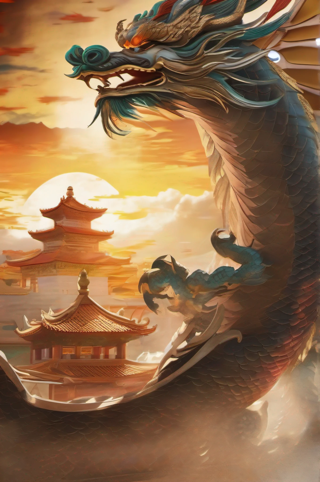 Chinese dragons soar in the sky，The saint dances on the stage under the dome，The crowd cheered and watched from the ancient buildings on both sides of the stage，Golden sunlight shines on everyone，Ancient Tang Dynasty style，Prosperity，Cinematic texture，high-definition picture quality，A magnificent sense of déjà vu，Reasonable vista composition