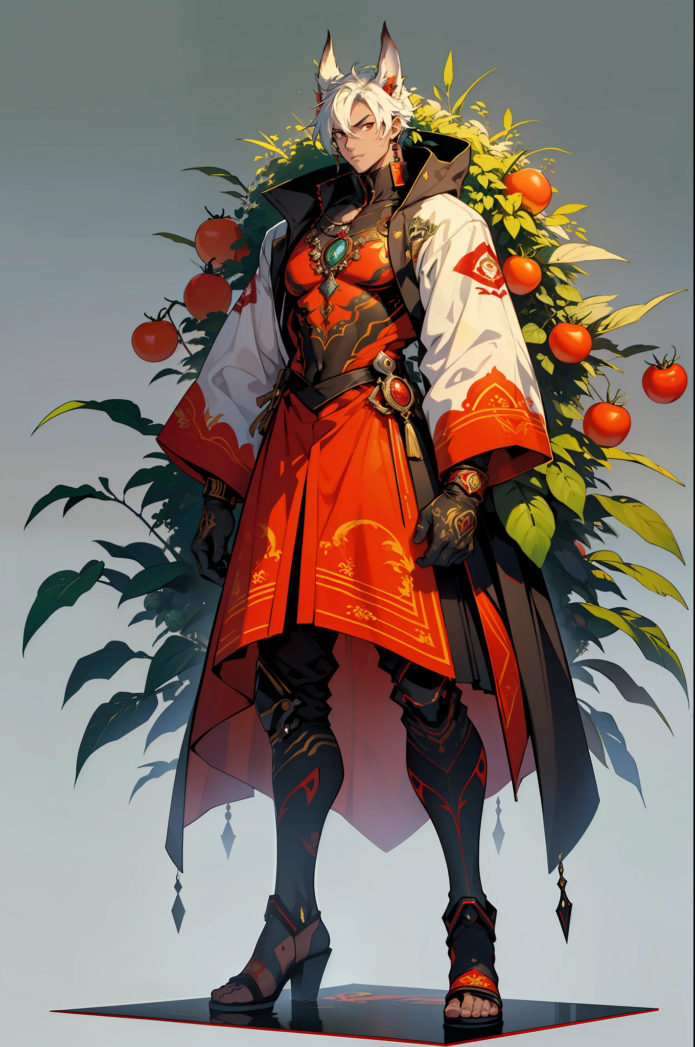((top-quality))、((tmasterpiece))、((one male,Full body standing painting))、((very simple background)),(Game character design),Tomatoes anthropomorphic monsters,(Tomatoes blend with the body),luminous body,Ornaments with tomato motifs,cyber punk perssonage,独奏,Fighting posture,Unbridled imagination,hoang lap,eerie