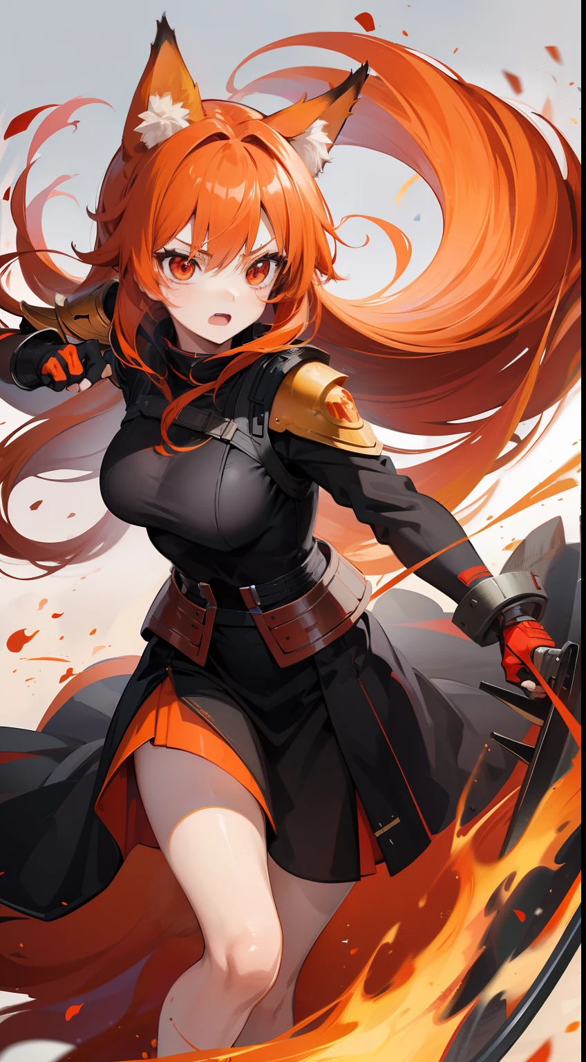 Adult woman, llong orange hair, Fox ears, red-eyes, Tight Korean armor, anger, Masterpiece, hiquality
