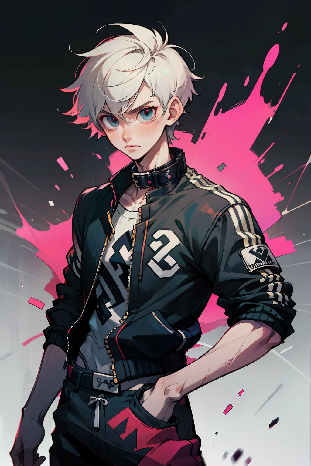 (1 boy), (solo), edgy style, white short hair, messy hair, punk clothes, athletic body, pale skin, ((high quality)), ((hd)), (very detailed), strong body, collar