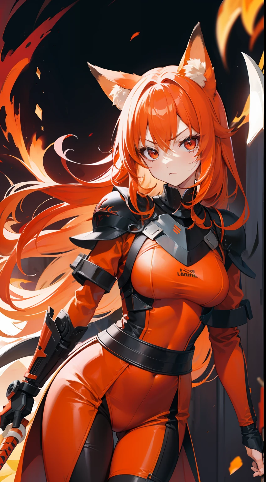 Adult woman, llong orange hair, Fox ears, red-eyes, Tight Korean armor, anger, Masterpiece, hiquality