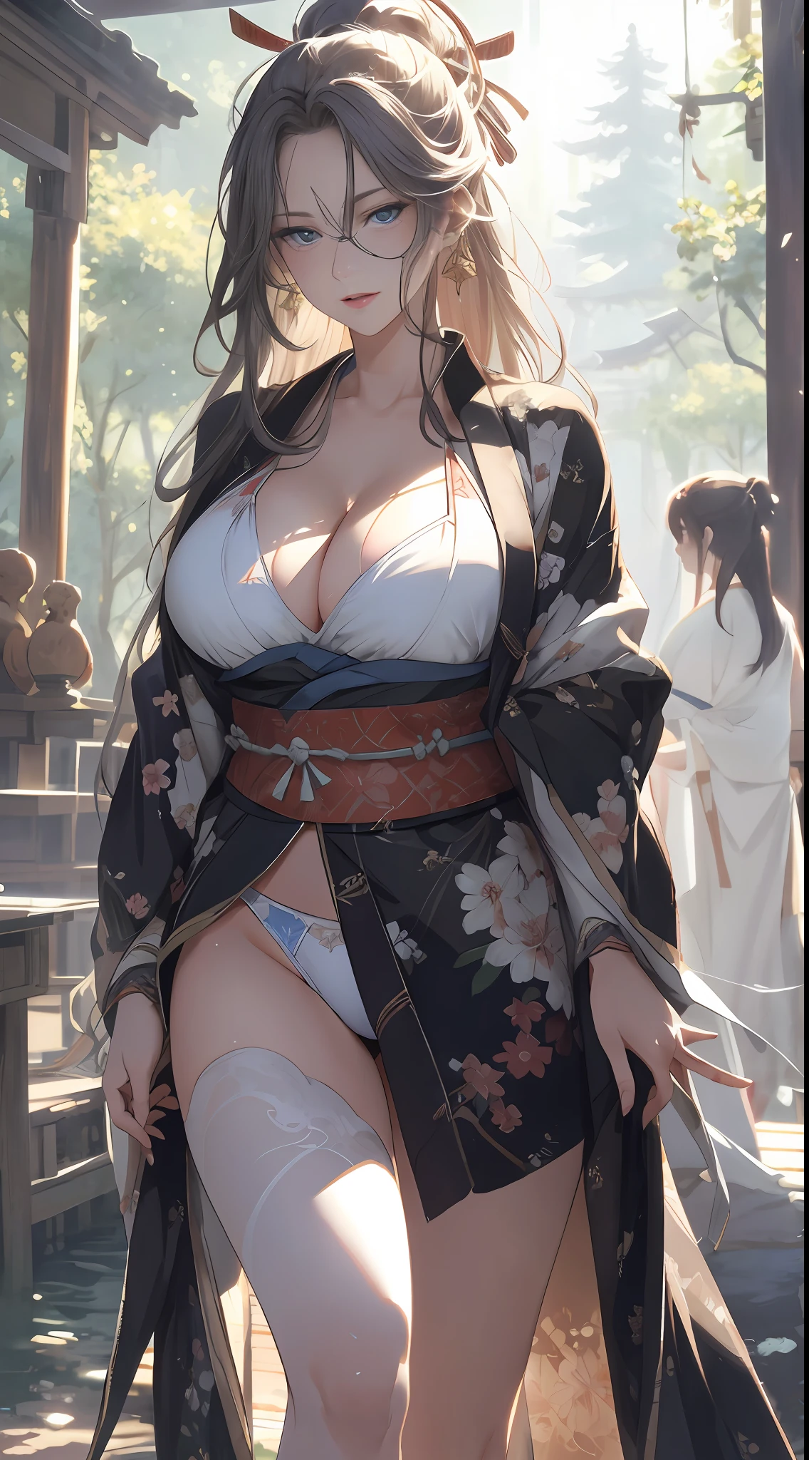 (RAW photo, Best quality), extremely detailed CG unity 8k壁纸,ink,astounding,电影灯光,lens_flare,beautiful lady, light reflections, Oil painting, voluminetric lighting,sexy big breasts exposed,1female,熟妇,mature,36 years old,Huge breasts, 独奏,Samurai of Japan,Wearing a white bikini, coniferous forest, She has long flowing hair, Bare genitalia, standing on your feet,Bigchest,Wet straight hair,Sweat profusely,drenched all over the body,frontage, hair straight, mostly cloudy sky,(((tmasterpiece),(Very detailed CG unity 8K wallpaper),best qualtiy,cinmatic lighting,detailed back ground,beatiful detailed eyes,Bright pupils,blue color eyes,Red lips,(Very fine and beautiful),(Beautiful and detailed eye description),ultra - detailed,tmasterpiece,)),facing at camera,A high resolution,ultra - detailed),beautifullegs,Very long hair,legs are open,Painful expression,Open-mouthed,Flushed complexion,Chest sagging,nakeness, bulging ,Expose the genitals,revealing breasts,Camel toes,with no underpants,extremely large bosom,Extremely colorful,Most detailed,fully body photo,The face is well lit
