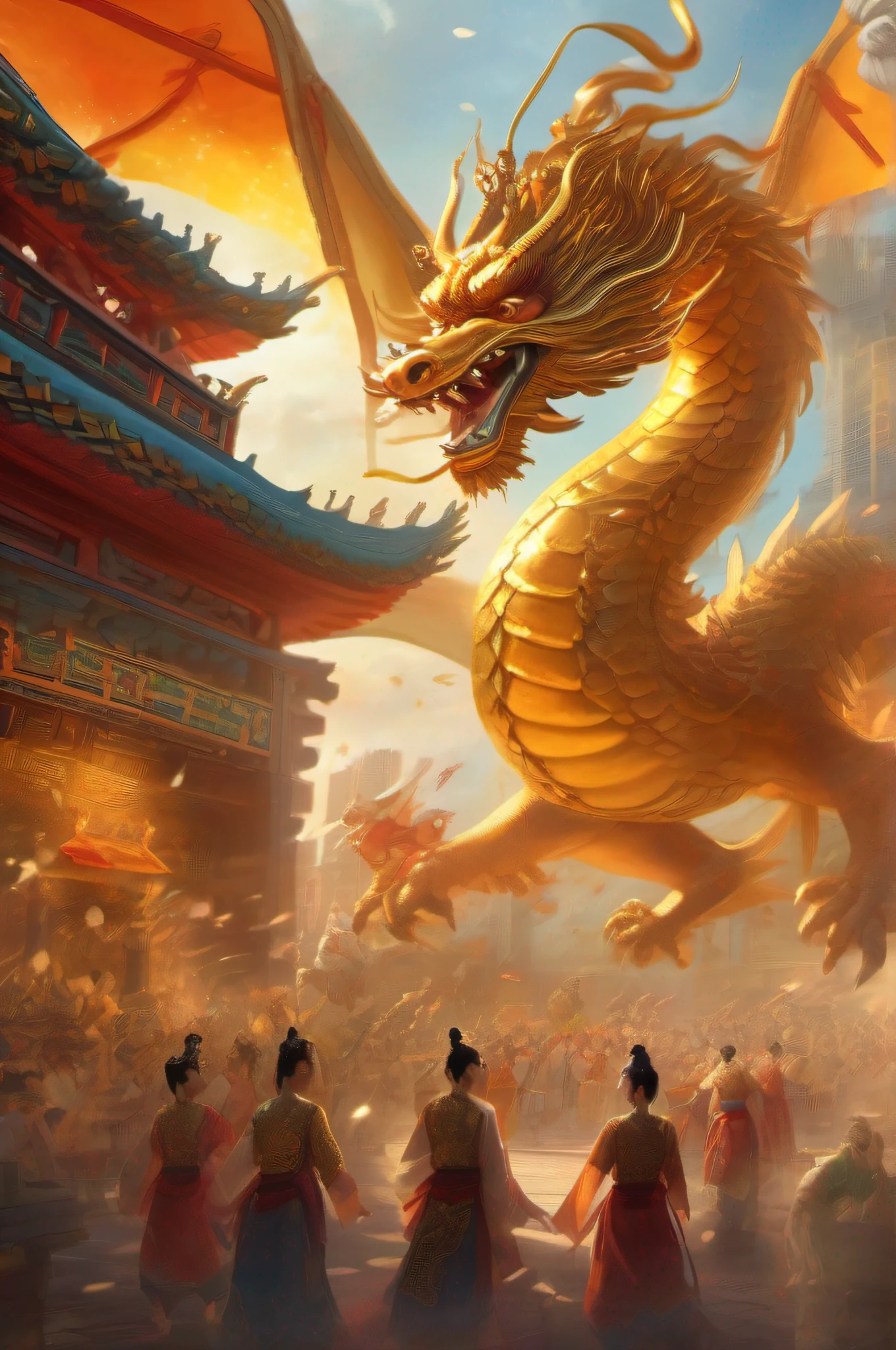 Chinese dragons soar in the sky,Goddesses dance among the bustling cities under the dome,The crowd watched cheerfully up and down the ancient building,Golden sunlight shines on everyone,Ancient Tang Dynasty style,Prosperity,Cinematic texture,high-definition picture quality,A magnificent sense of déjà vu,Reasonable vista composition