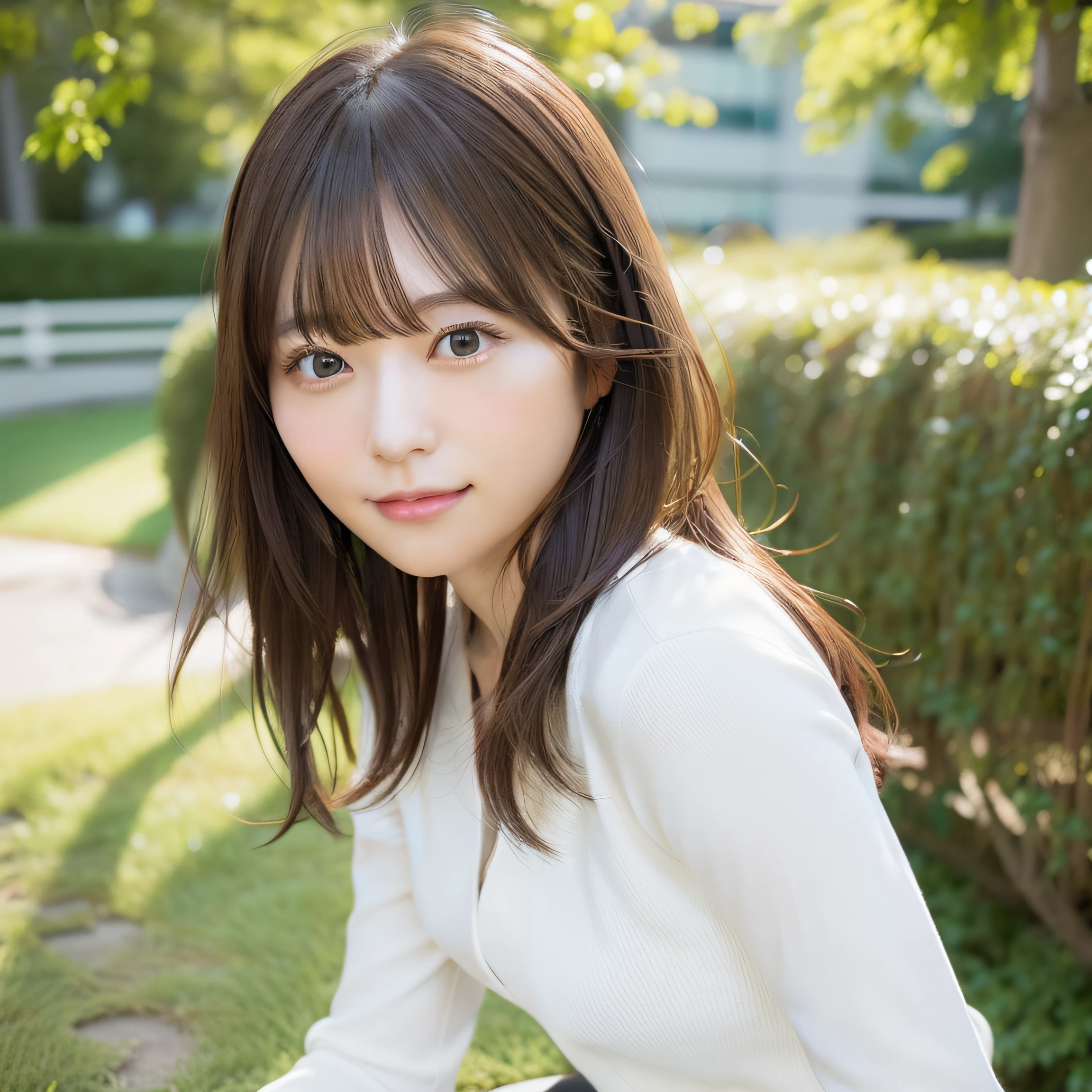 8k RAW photo,Best Quality, top-quality:1.1, masterpiece:1.3,超A high resolution, (Photorealistic:1.4), Raw photo, (upper thigh:1.5, From Side), natural skin textures:1.1, realistic eyes and face details:1.2, Full lips,(Background is blurry:1.4), (in a suite), 1日本人の女の子, Cute, (Solo:1.6), (Shy smile), (Dark brown eyes), Smooth skin, (Brown medium hair,Bangs), (touch hair:1.4),nogizaka,a park,suits、full bodyesbian、:1.5、Officelady:1.2