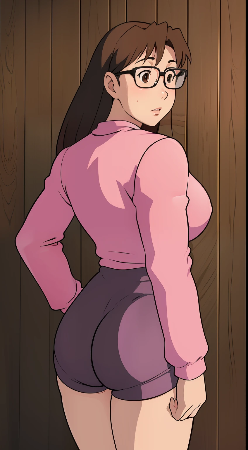 Koyomi Mizuhara, brown hair, long hair, glasses, brown eyes, luscious lips, Sleeved shirt jersey, large breasts, gym biker shorts, socks, shoes, Wallpaper, close up, From behind, Close up, Standing, looking back, checking out her butt