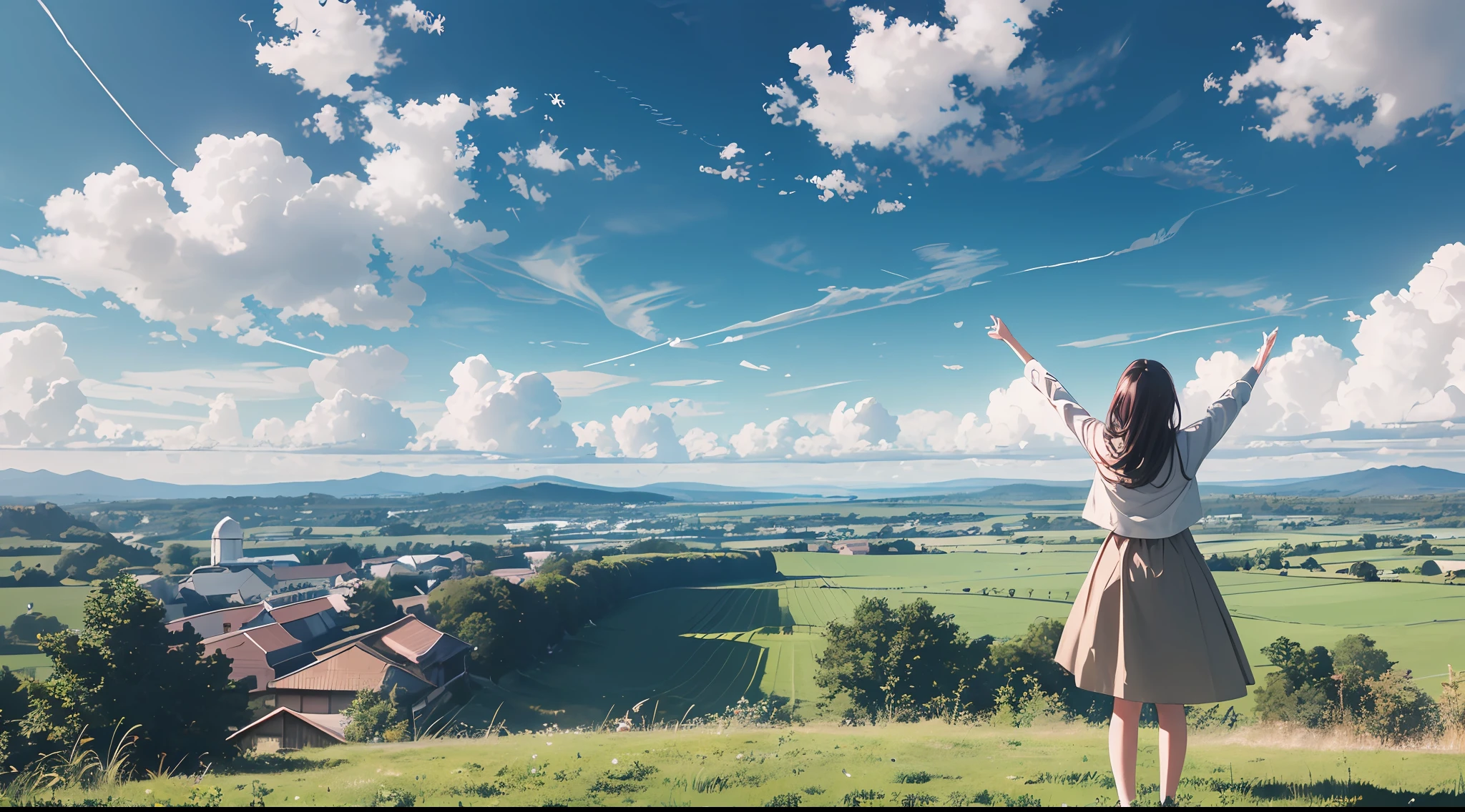 Vast landscape photo, girl standing up at the sky, suit, clouds, buildings, countryside,