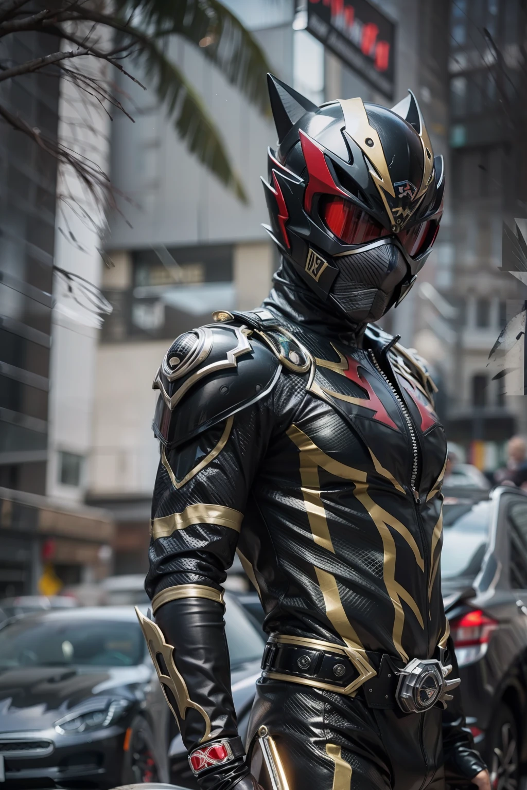 um kamen rider preto com o tema de jaguar