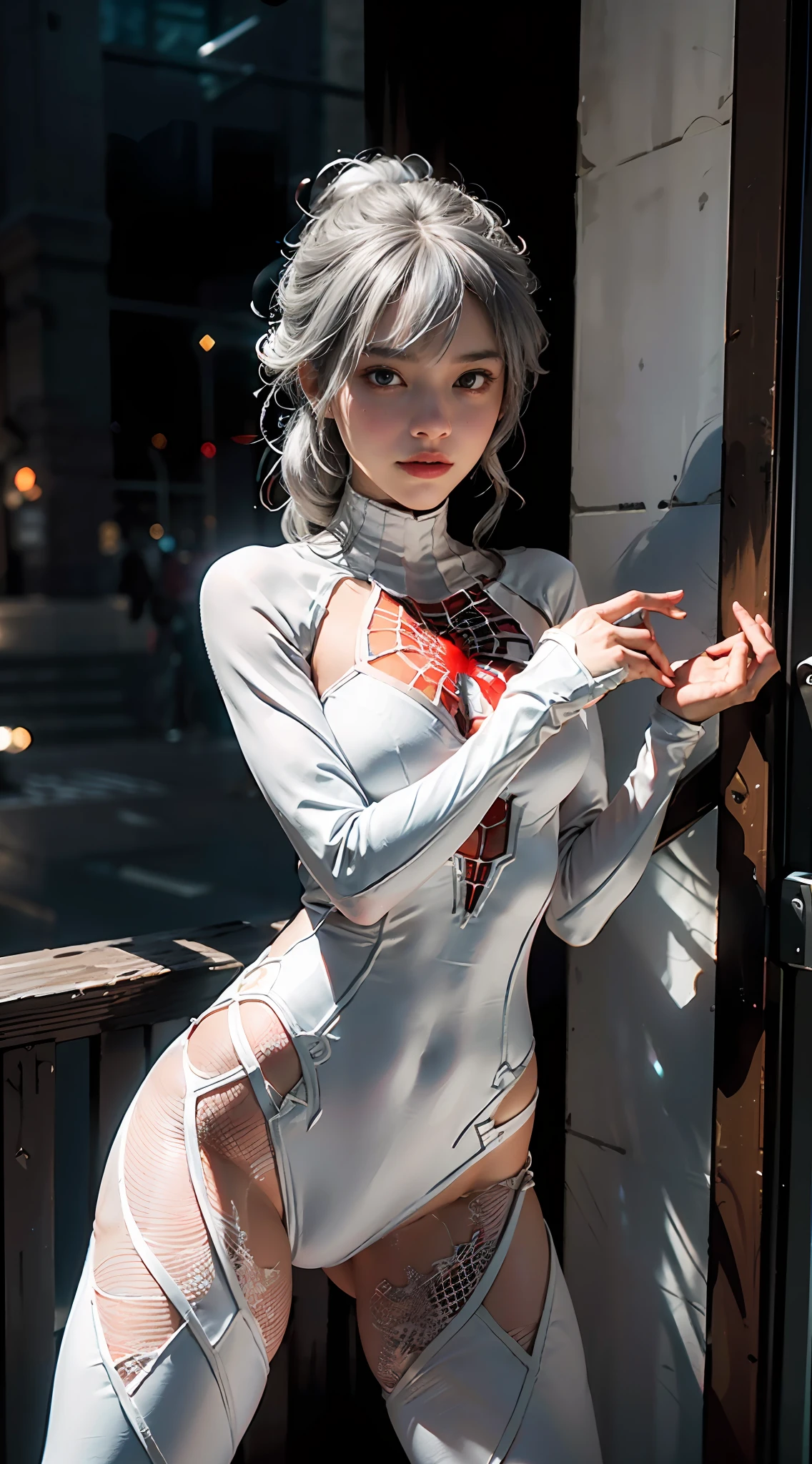 (CG Unity 8K wallpaper in extreme detail,tmasterpiece,Highest image quality),(Delicate light and shadow,The picture is highly dramatic,Cinematic lens effect),A girl in a white Spider-Man costume,Silver-gray hair color,From the Spider-Man parallel universe,Wenger,Marvel,Spidey,dynamicposes),(Exceptional detail,The lighting effect is outstanding,Vista wide angle),(Excellent rendering,Enough to stand out from the crowd),The focus is on the white Spider-Man costume,Complex spider textures,Heart-shaped openwork,large bust,Red spider web pattern,Fine pattern,Broken clothes,Ragged clothes,Seductive eyes,Affectionate eyes,Bad posture,Cute pose,sexyposture