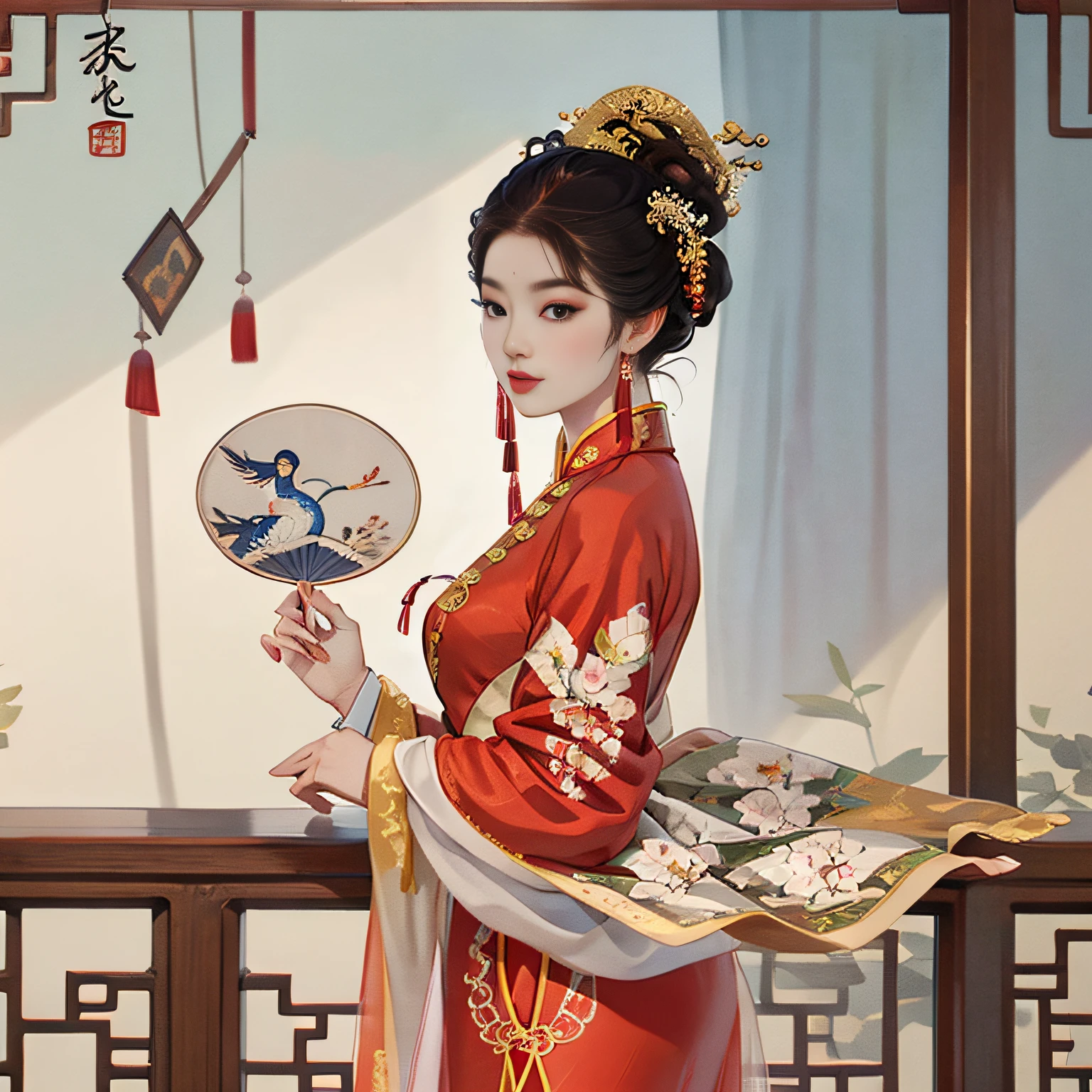 Chinese woman, Wearing a red cheongsam, Beautiful face, Hand held fan,The auspicious crane in the traditional context, photorealistic image, MELOR QUALITY, 4K