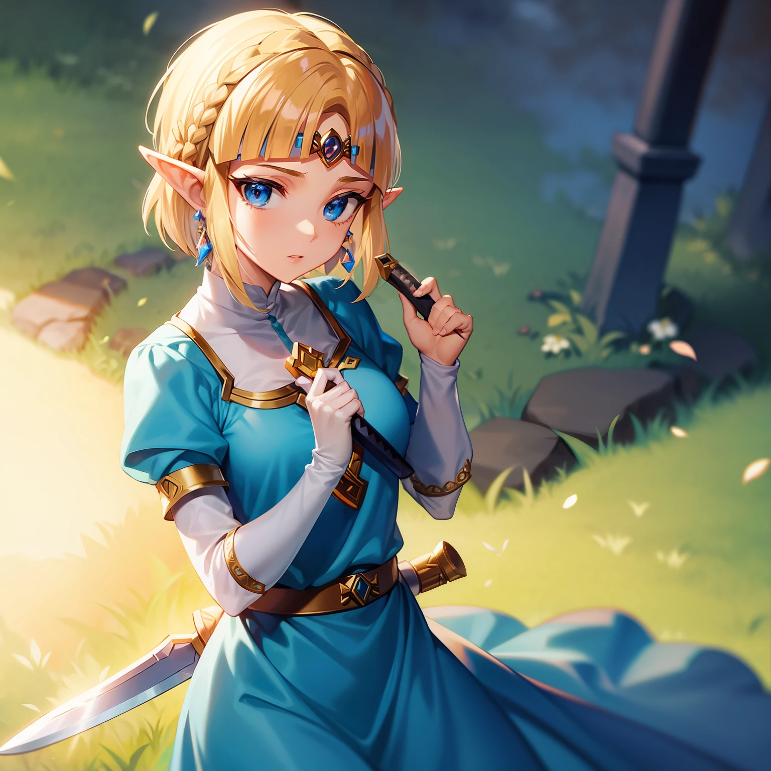 (Princess Zelda,short detailed hair,earth,Holding a sword)