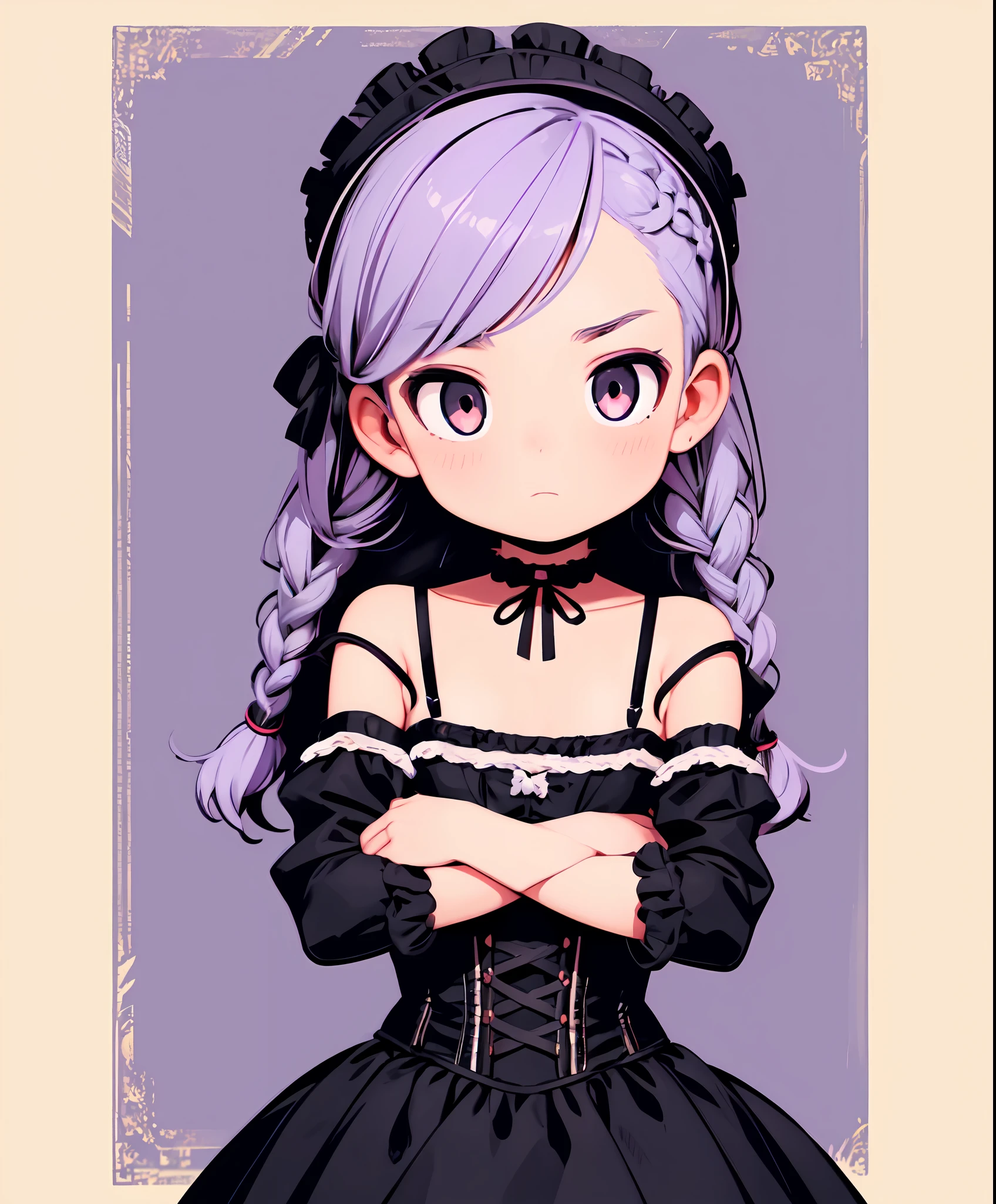 masterpiece, illustration, best quality, menacingjojo, cg, wallpaper, ++, 1girl, solo, light purple hair, long hair, french braid, single sidelock, red eyes, multicolored eyes, small breasts, flat chest, ****, victorian dress, embellished dress, black dress, corset, neckwear, off-shoulder dress, frills, doll, doll joints, ++, dynamic pose, leaning back, from below, looking down, looking at viewer, arms behind back, text, upper body, portrait, cold, neutral