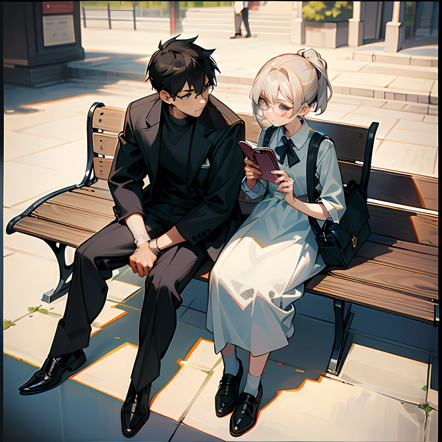 couple,two guys,The boy looked at the card holding the card in his hand,The girl holds a book,Carrying a bag,Two people sit on benches,The girl looked at the boy,Boy in shirt,Wearing glasses